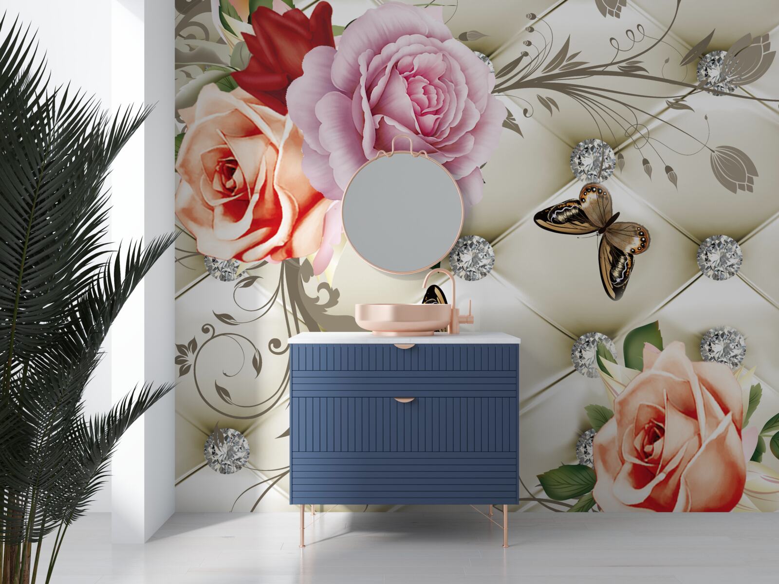 Fotobehang parelrozen met heldere vlinders op de knoppen