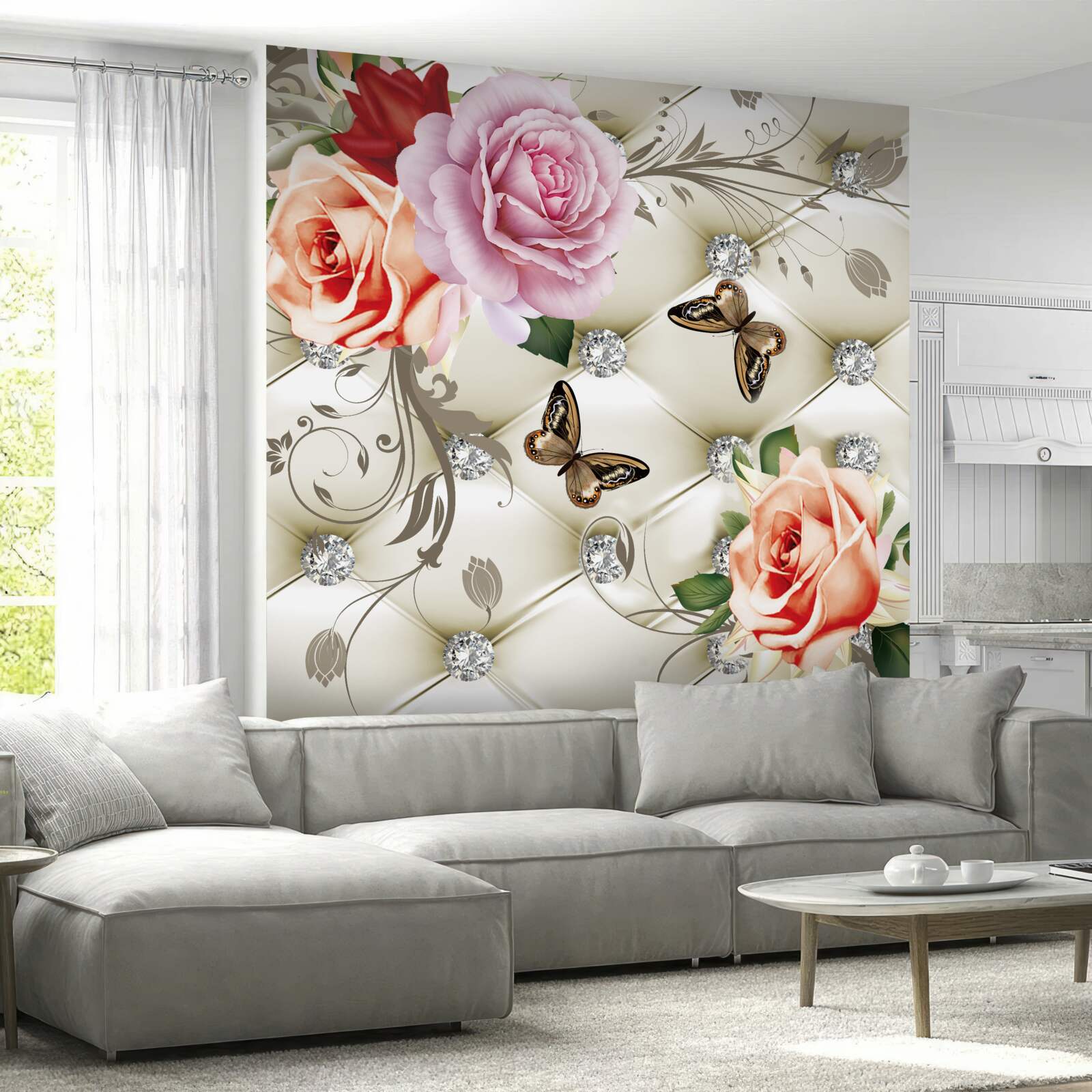 Fotobehang parelrozen met heldere vlinders op de knoppen