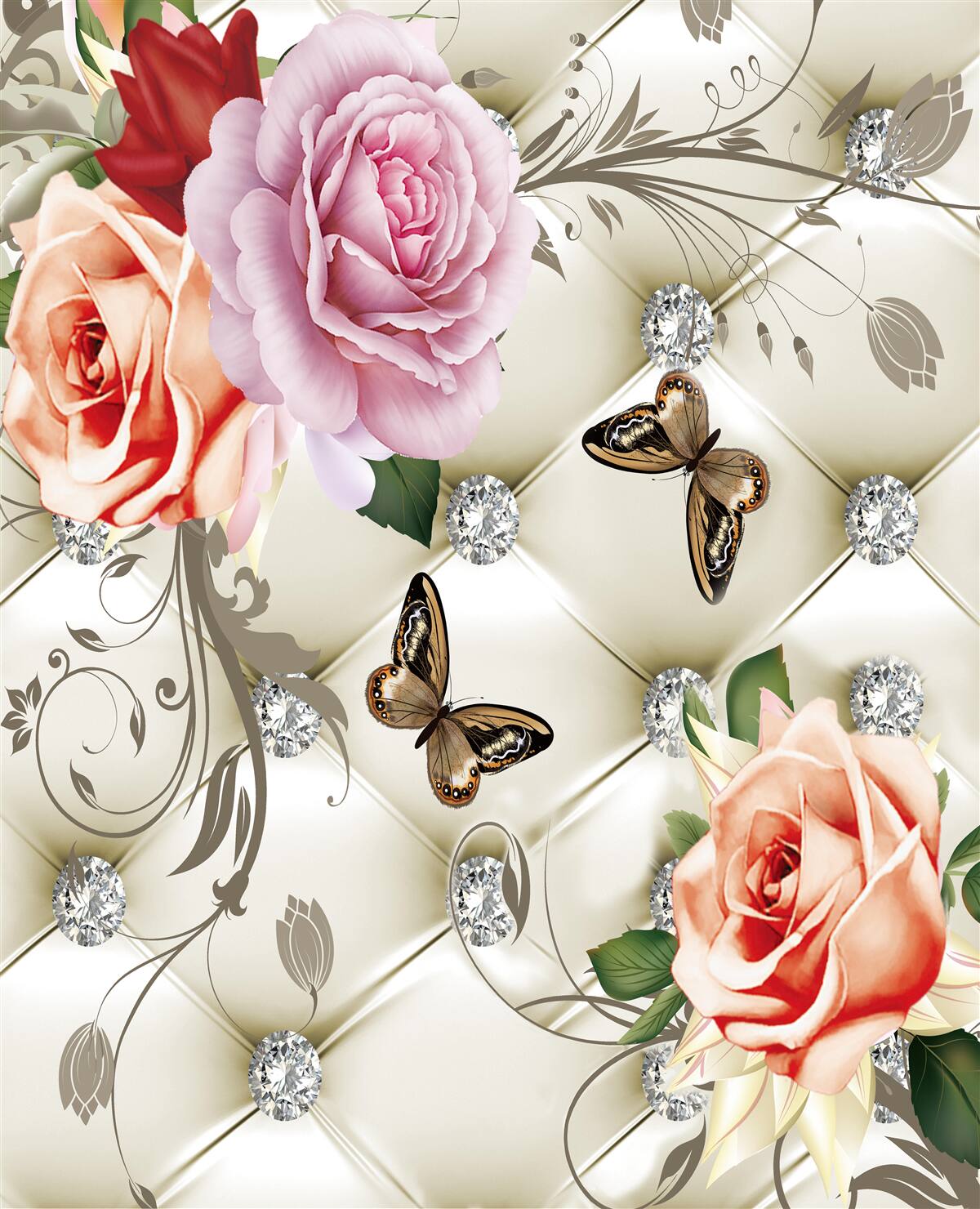 Fotobehang abstracte achtergrond versierd met parels, bloemen en rozen