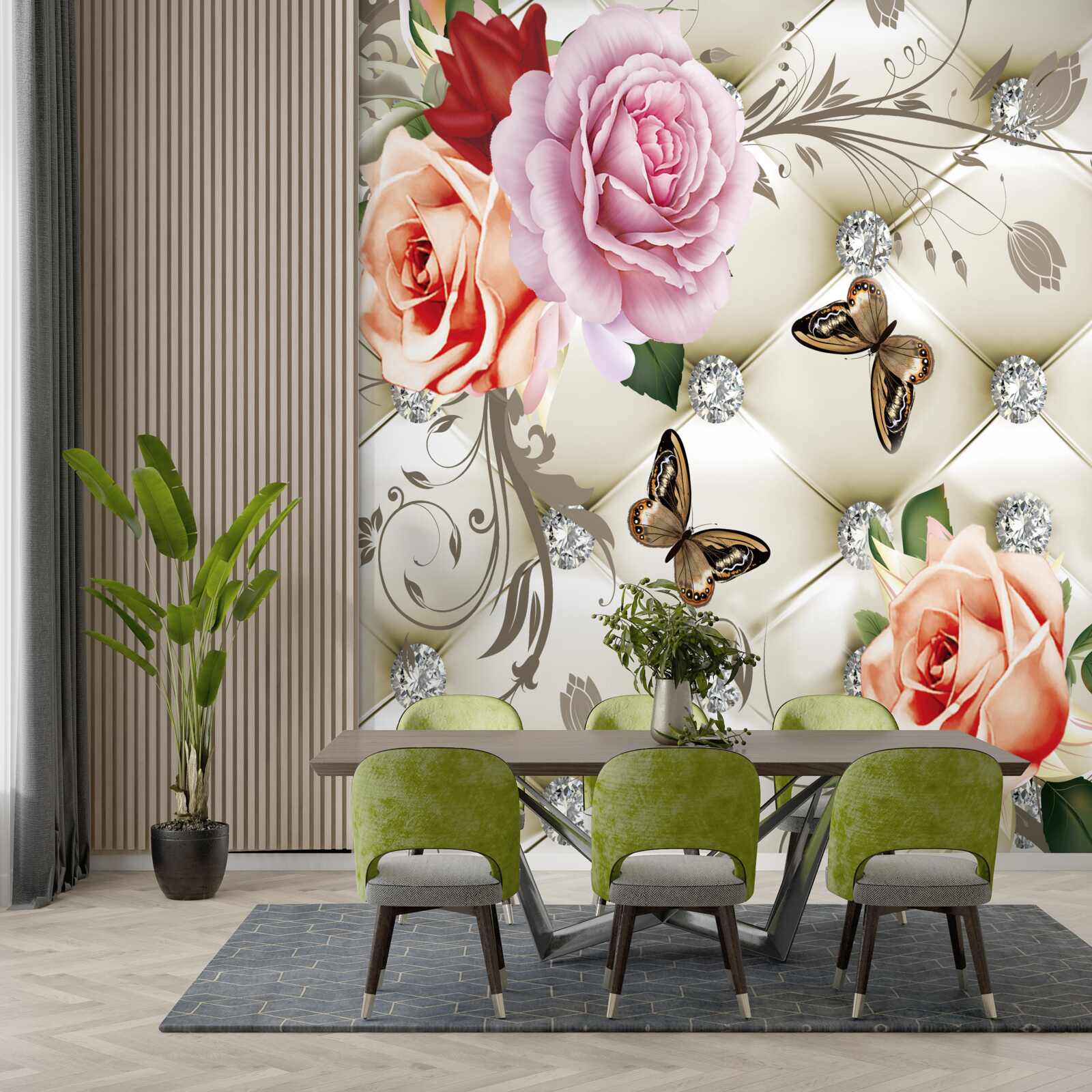 Fotobehang abstracte achtergrond versierd met parels, bloemen en rozen