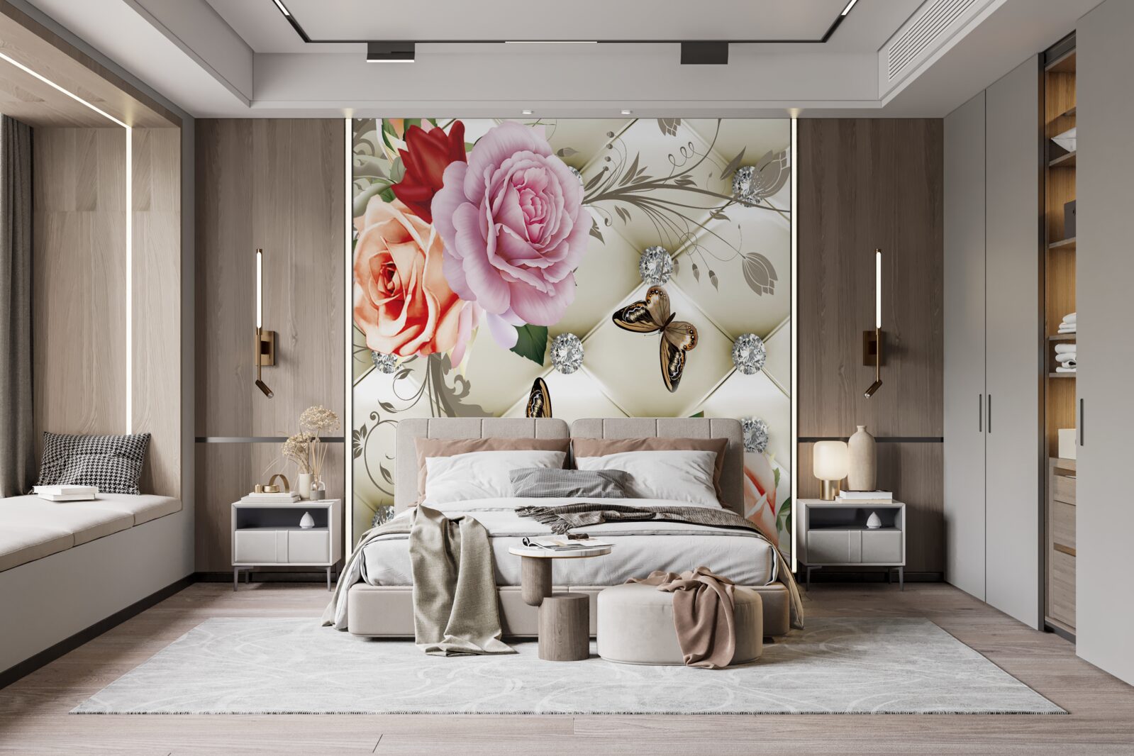 Fotobehang abstracte achtergrond versierd met parels, bloemen en rozen