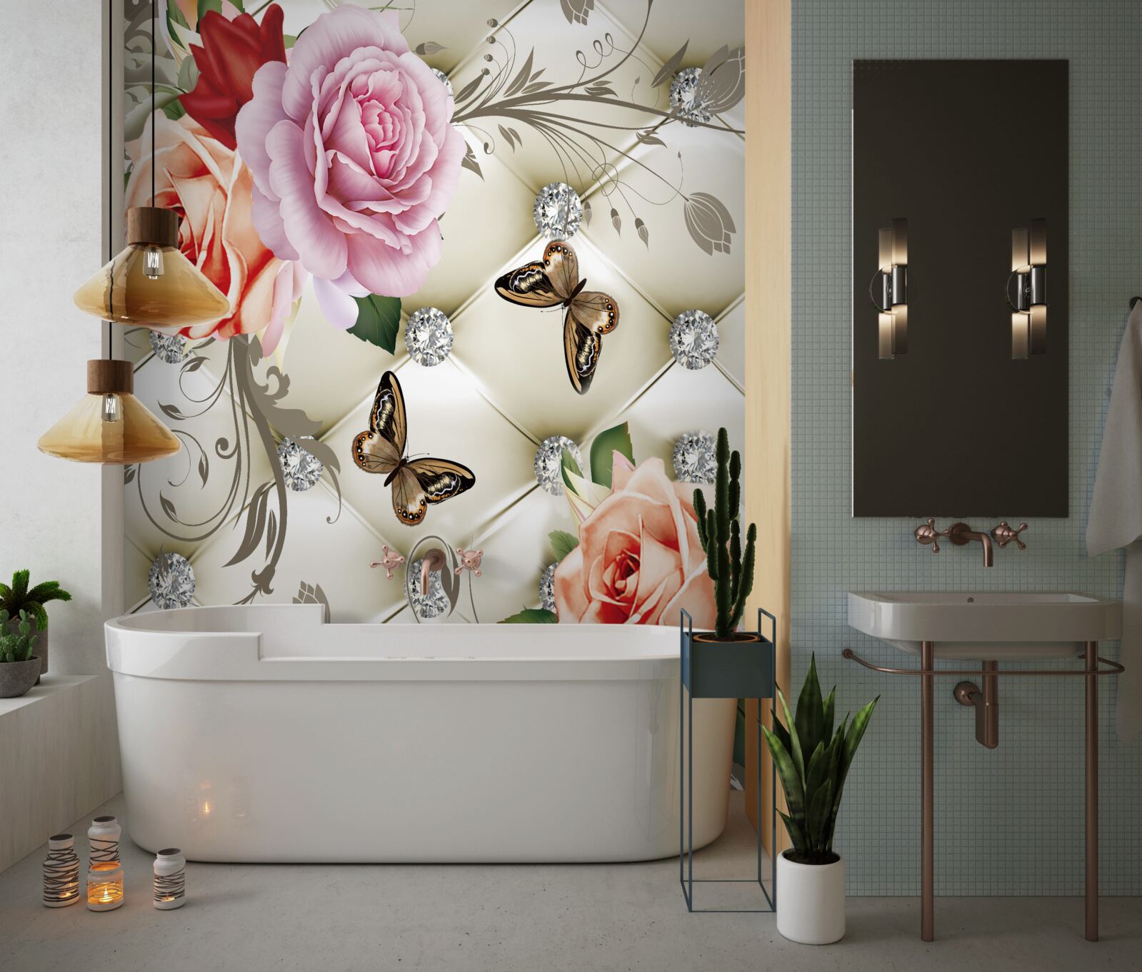 Fotobehang abstracte achtergrond versierd met parels, bloemen en rozen