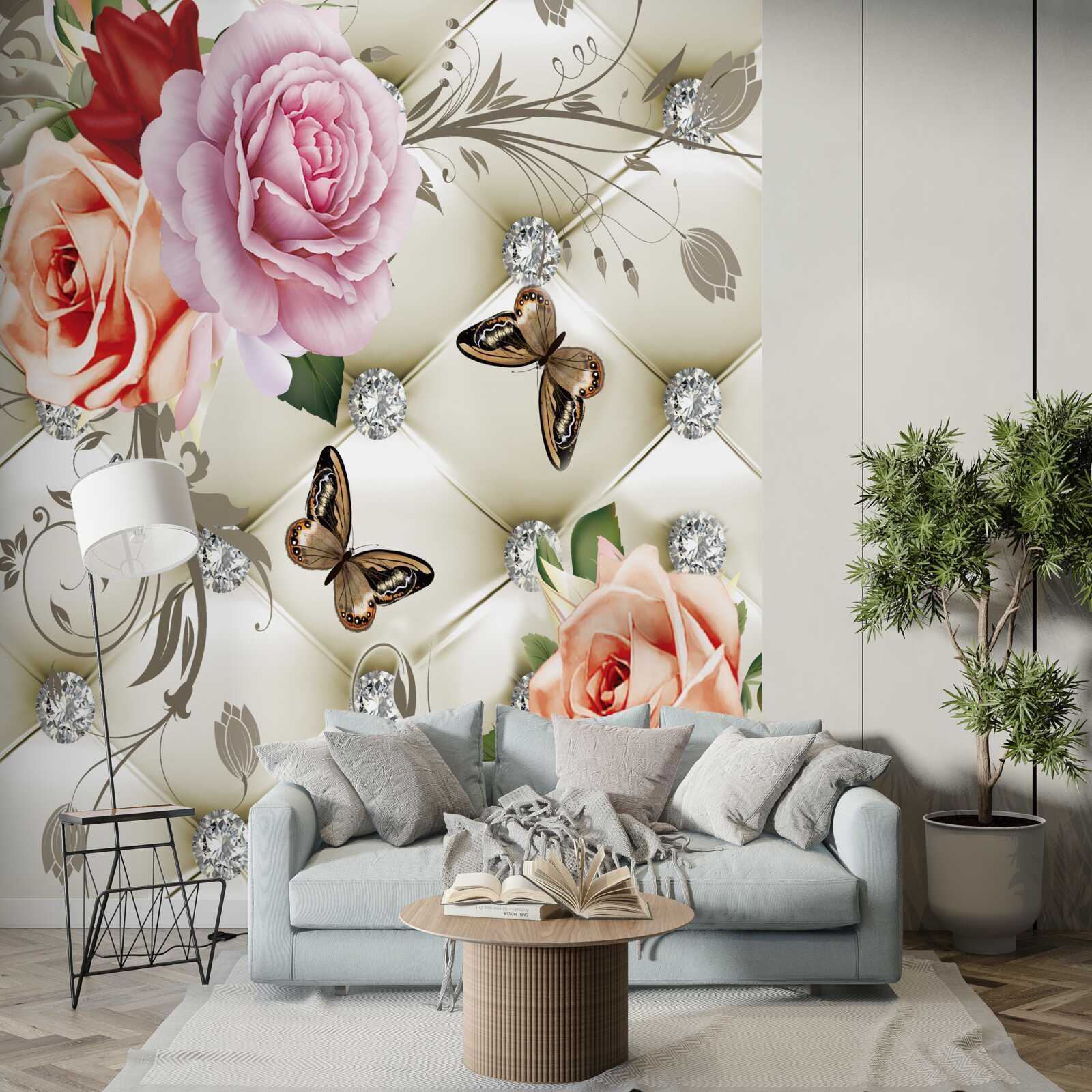 Fotobehang abstracte achtergrond versierd met parels, bloemen en rozen