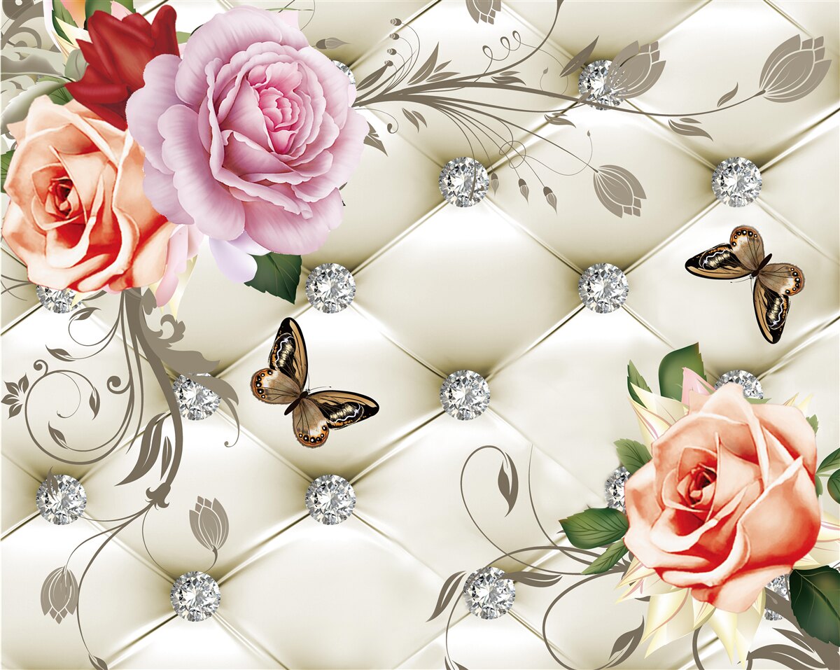 Fotobehang perzik en paarse rozen met vlinders