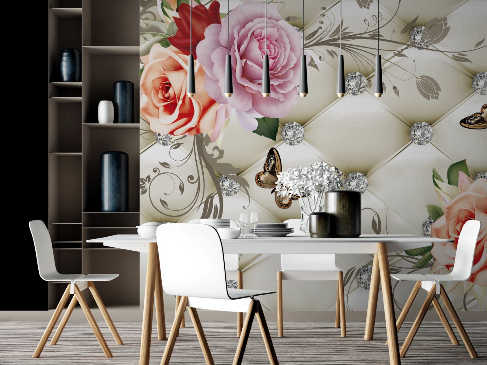 Fotobehang perzik en paarse rozen met vlinders