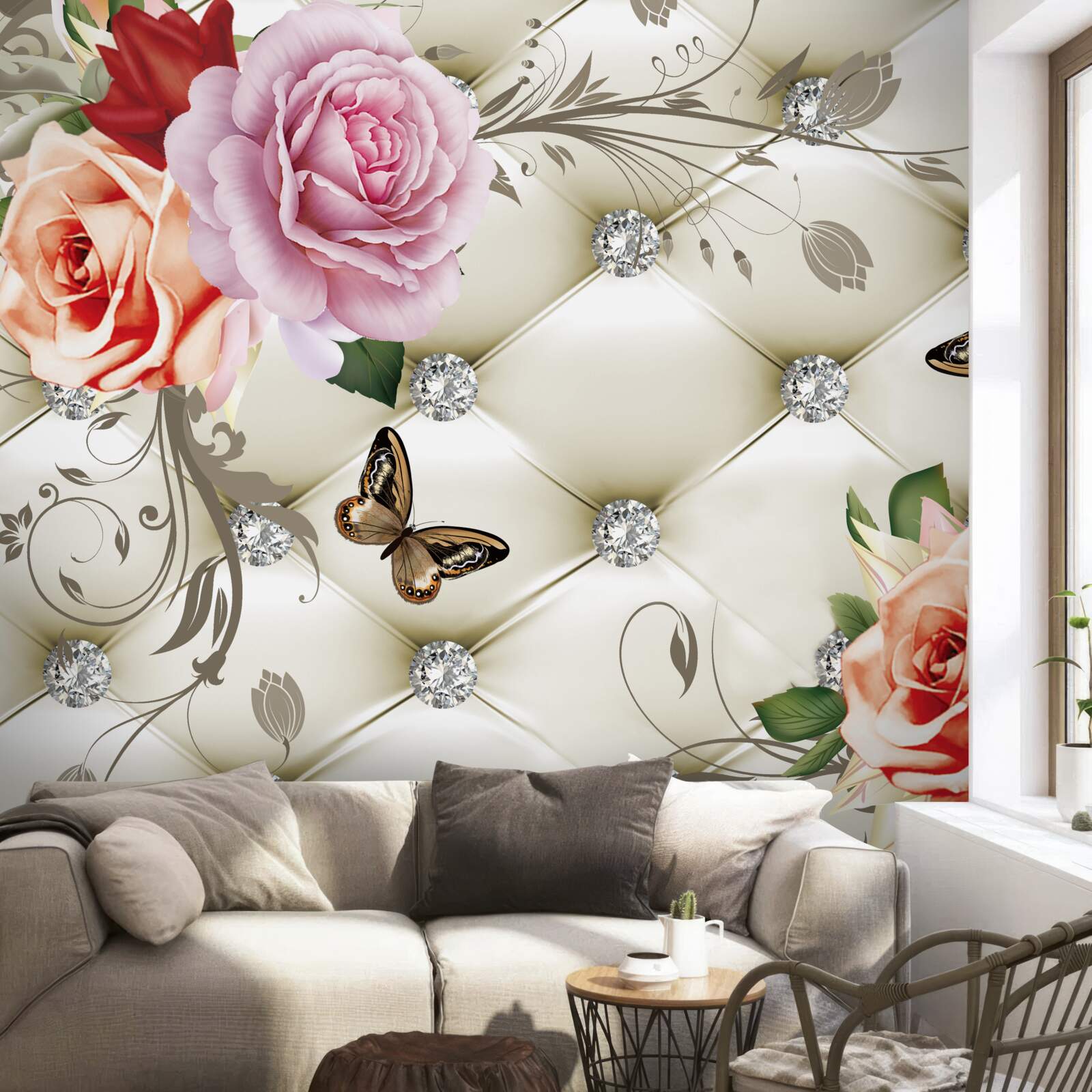 Fotobehang perzik en paarse rozen met vlinders