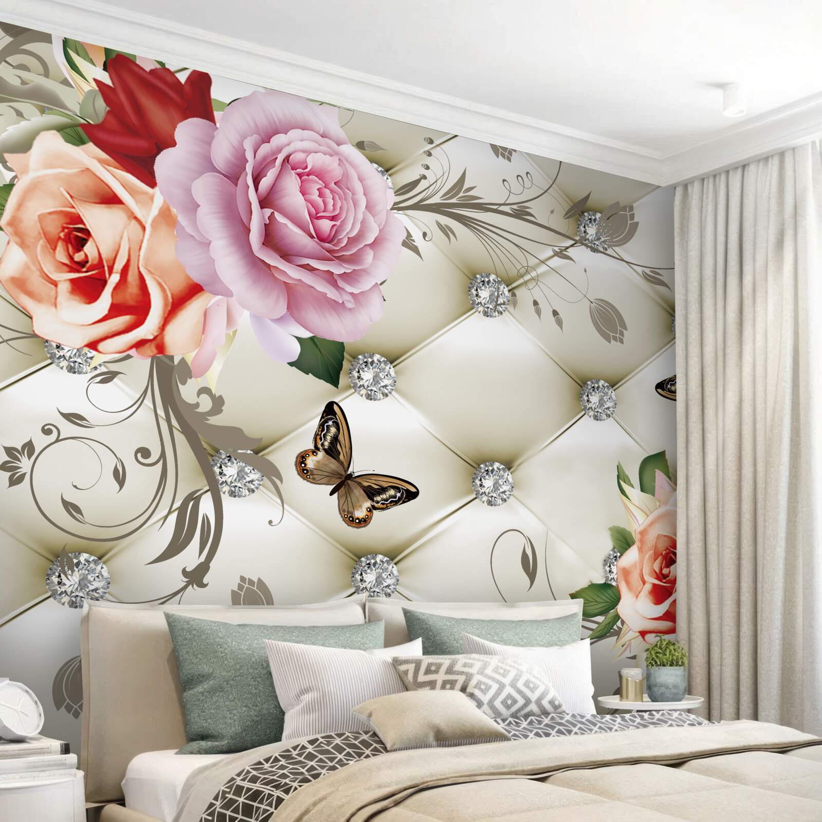 Fotobehang perzik en paarse rozen met vlinders