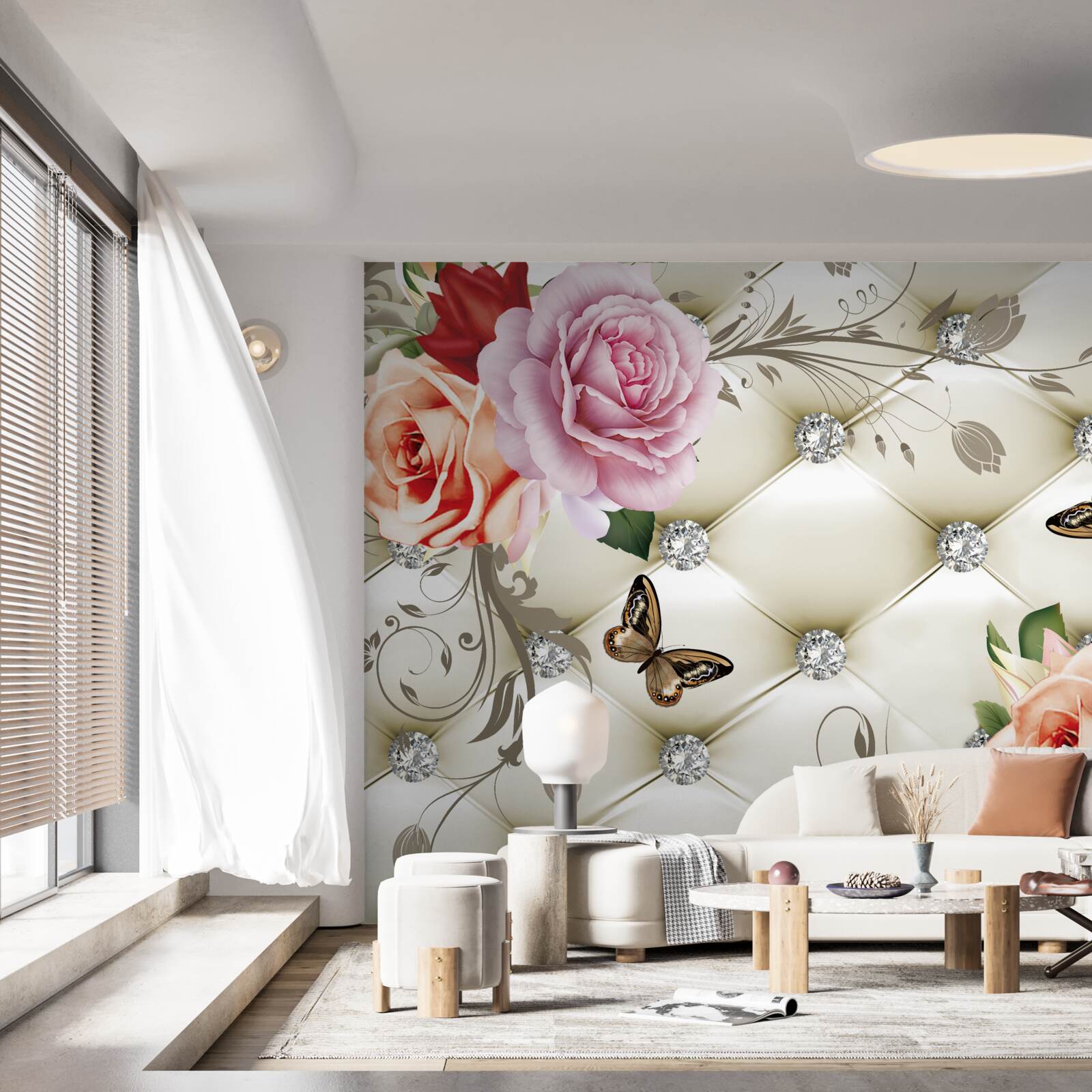 Fotobehang perzik en paarse rozen met vlinders