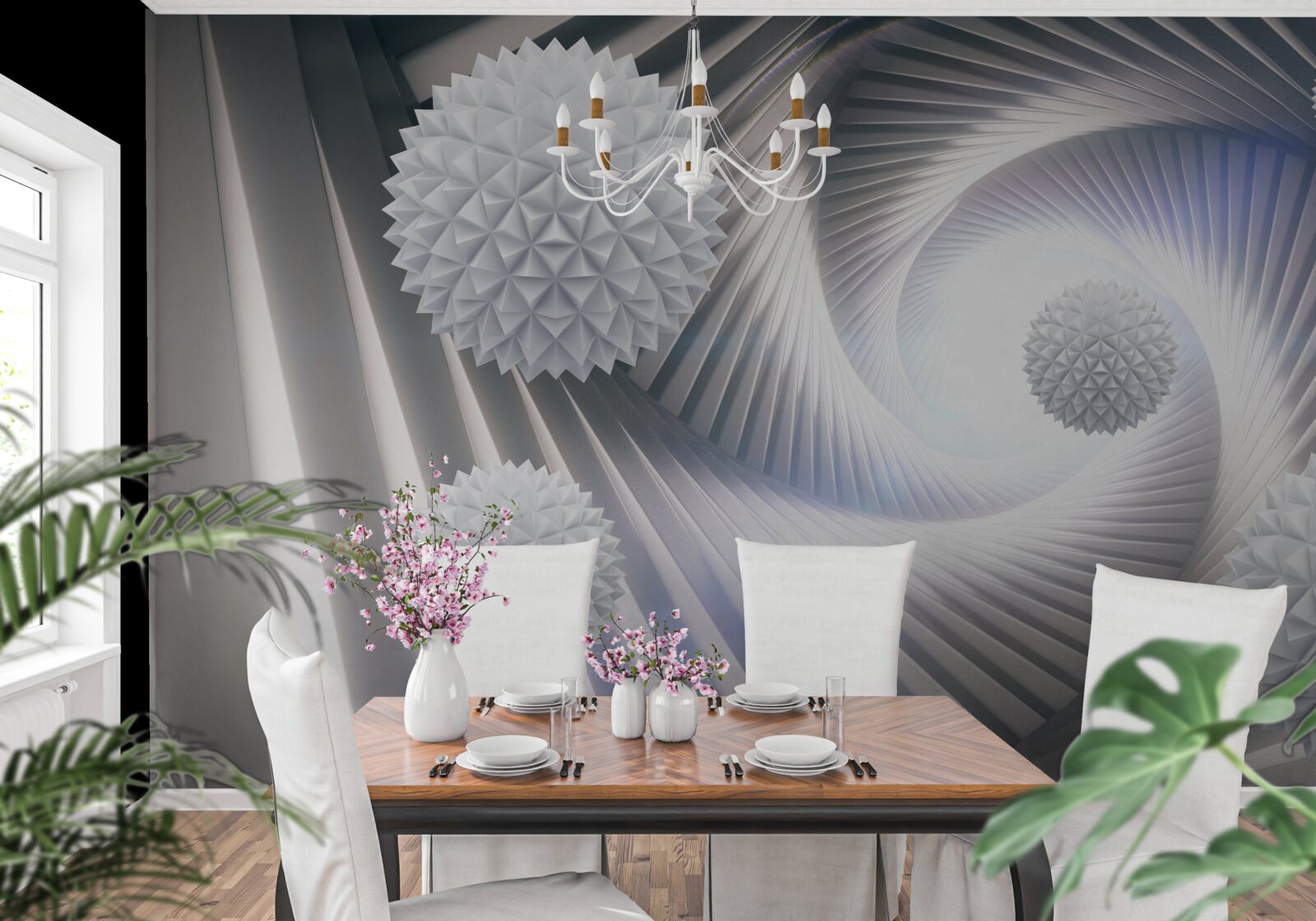 Fotobehang kanten werveling van getrapte witte ballen