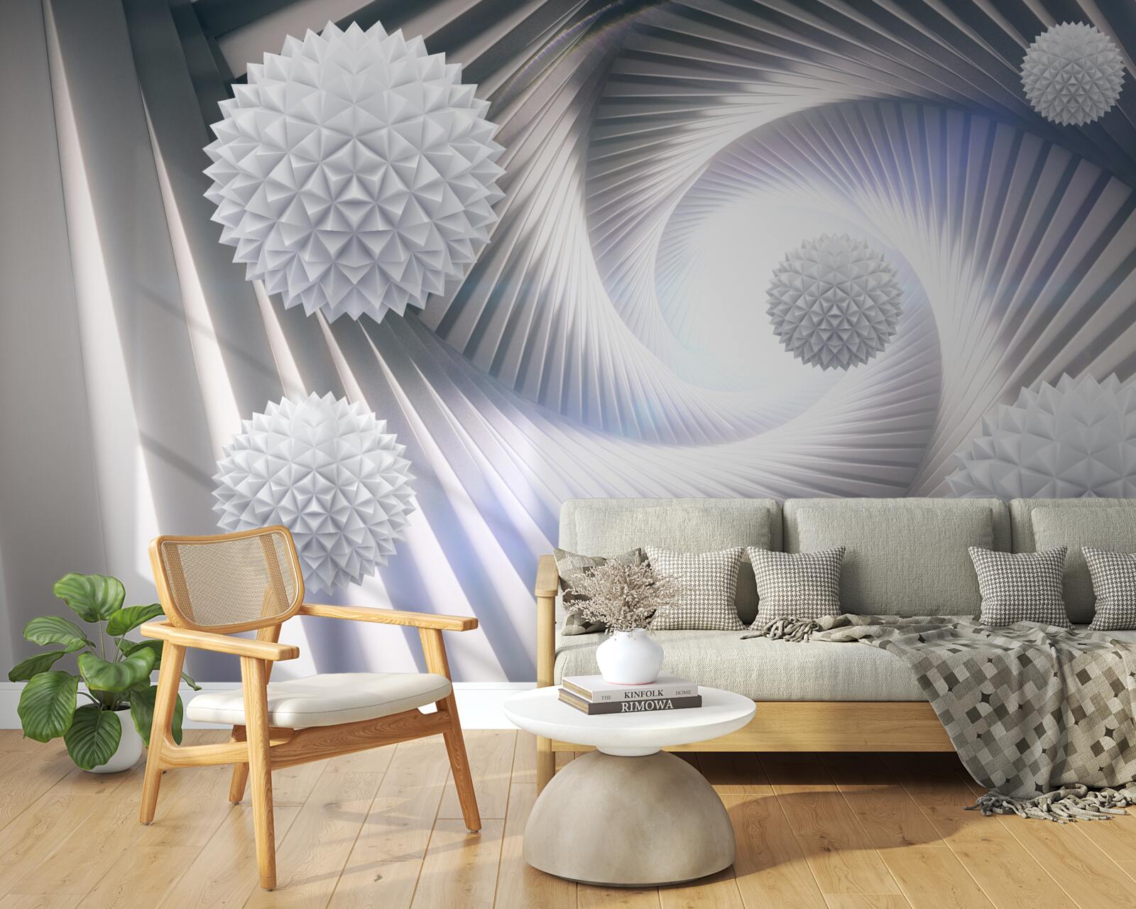 Fotobehang kanten werveling van getrapte witte ballen