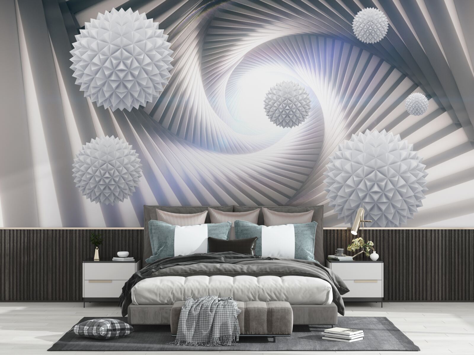 Fotobehang kanten werveling van getrapte witte ballen