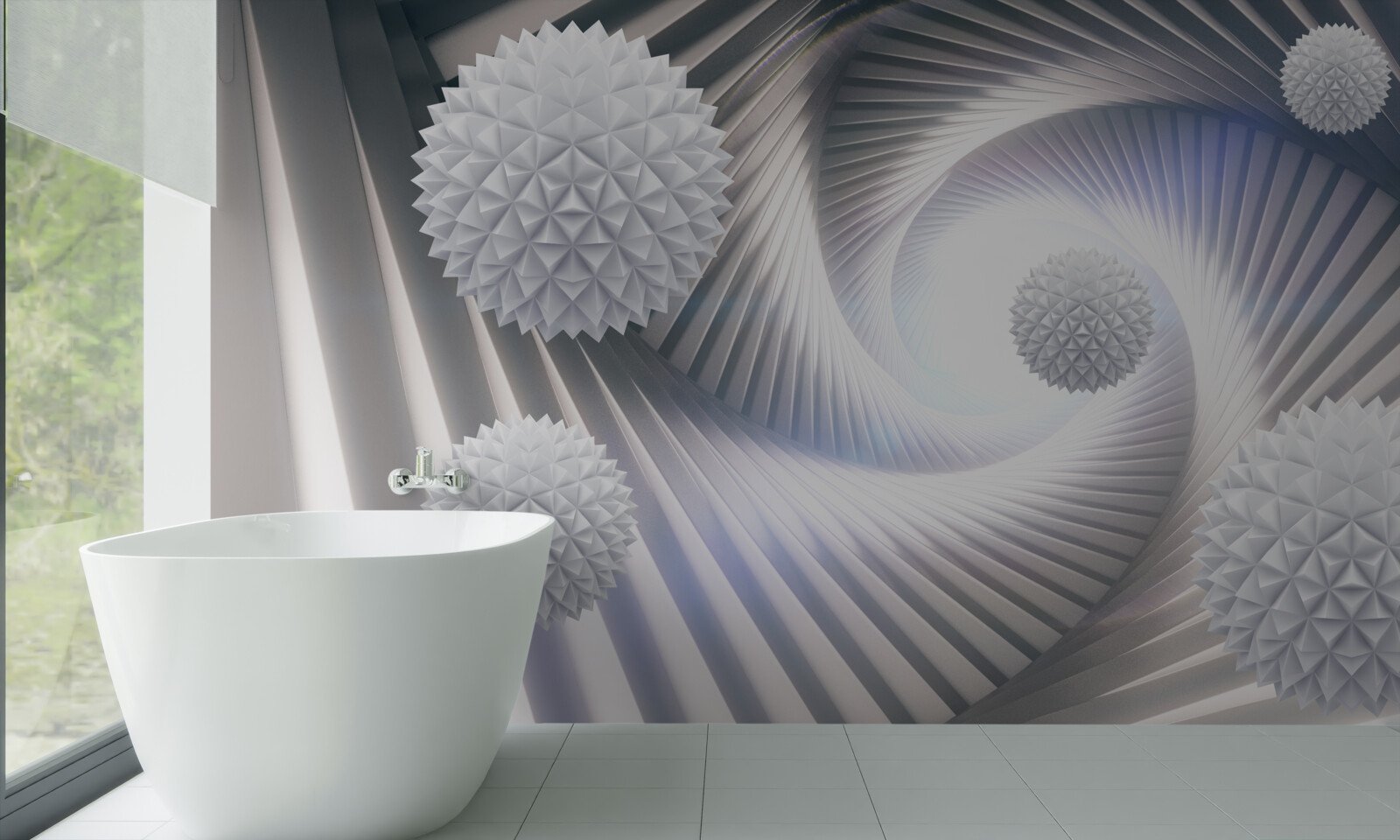 Fotobehang kanten werveling van getrapte witte ballen