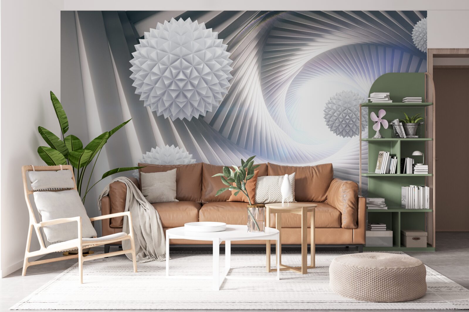 Fotobehang kanten werveling van getrapte witte ballen