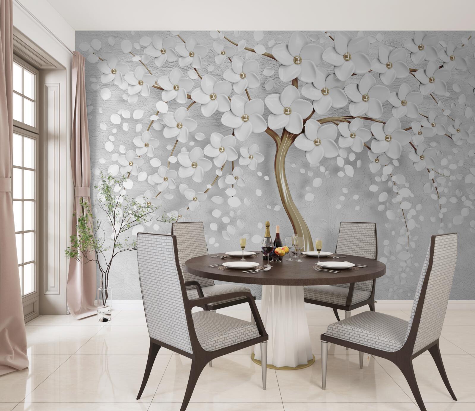 Fotobehang witte en lila bloemen op een volwassen boom