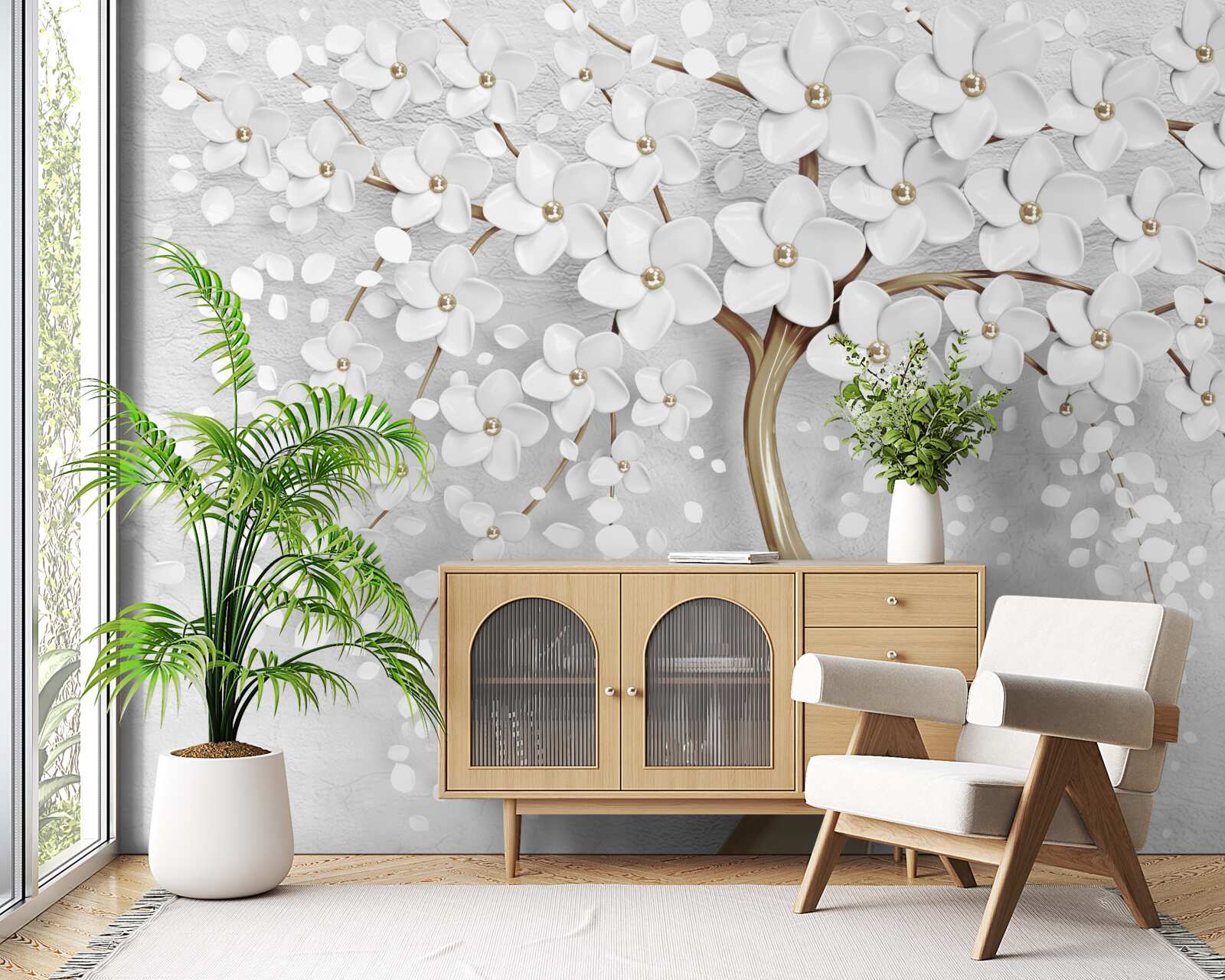 Fotobehang witte en lila bloemen op een volwassen boom