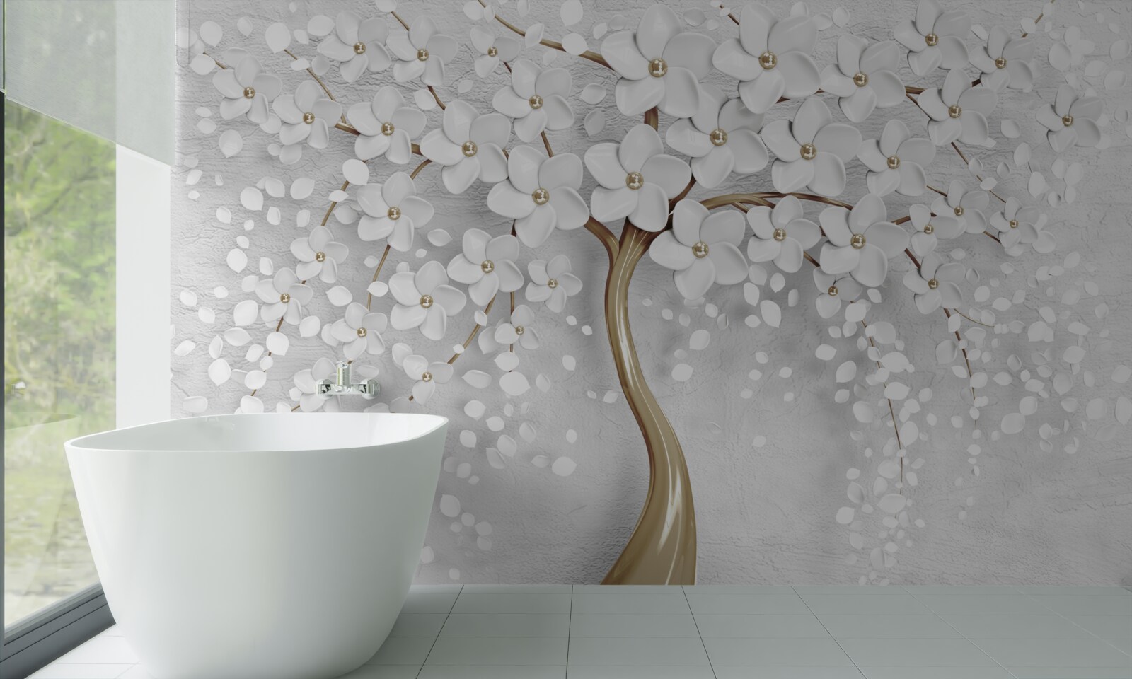 Fotobehang witte en lila bloemen op een volwassen boom