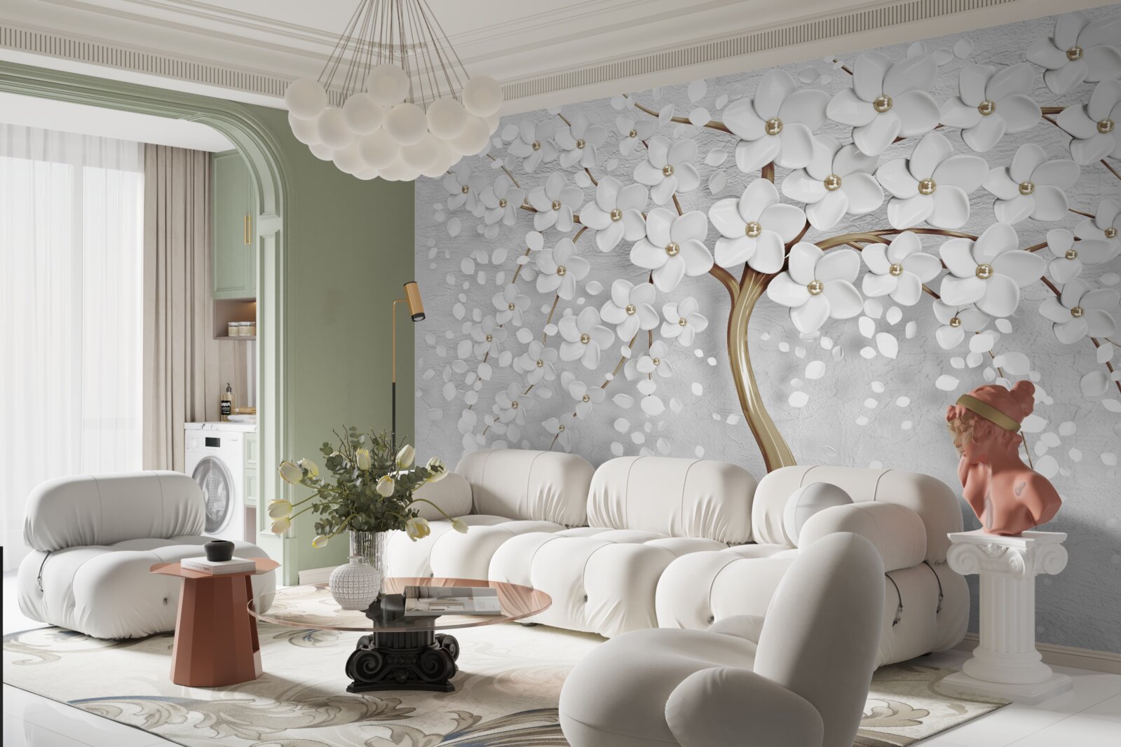 Fotobehang witte en lila bloemen op een volwassen boom