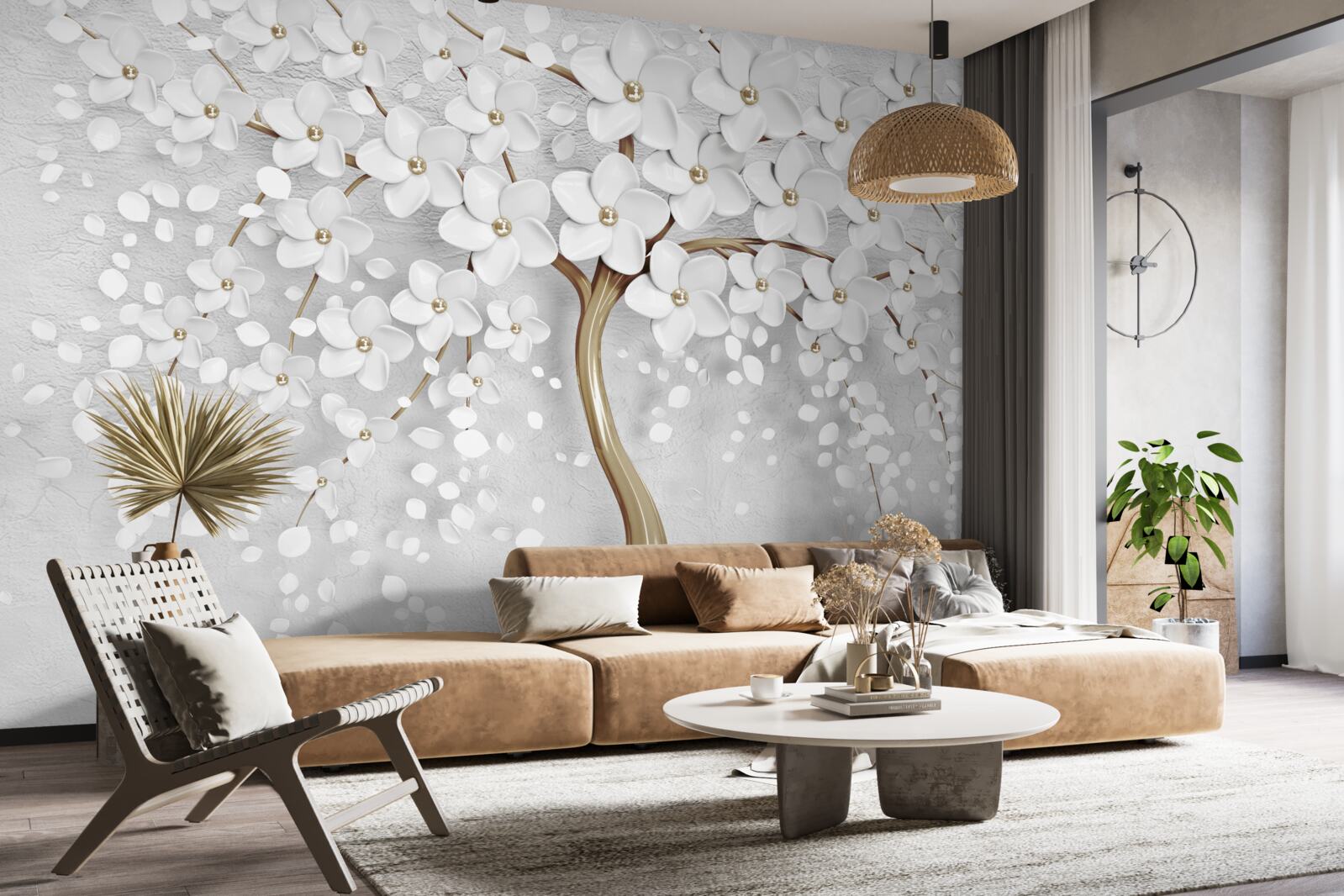 Fotobehang witte en lila bloemen op een volwassen boom