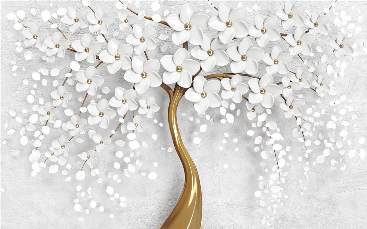 Fotobehang boom met witte bloemen en een slanke stam