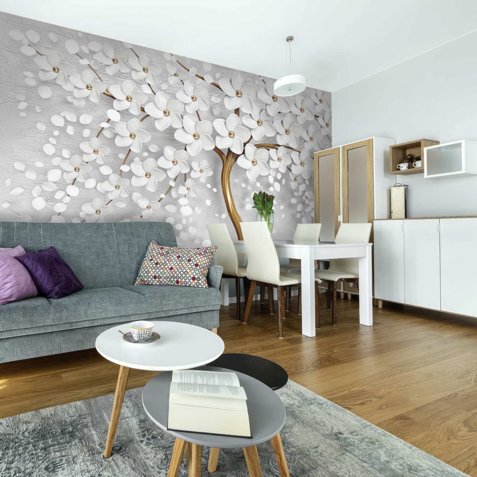 Fotobehang boom met witte bloemen en een slanke stam