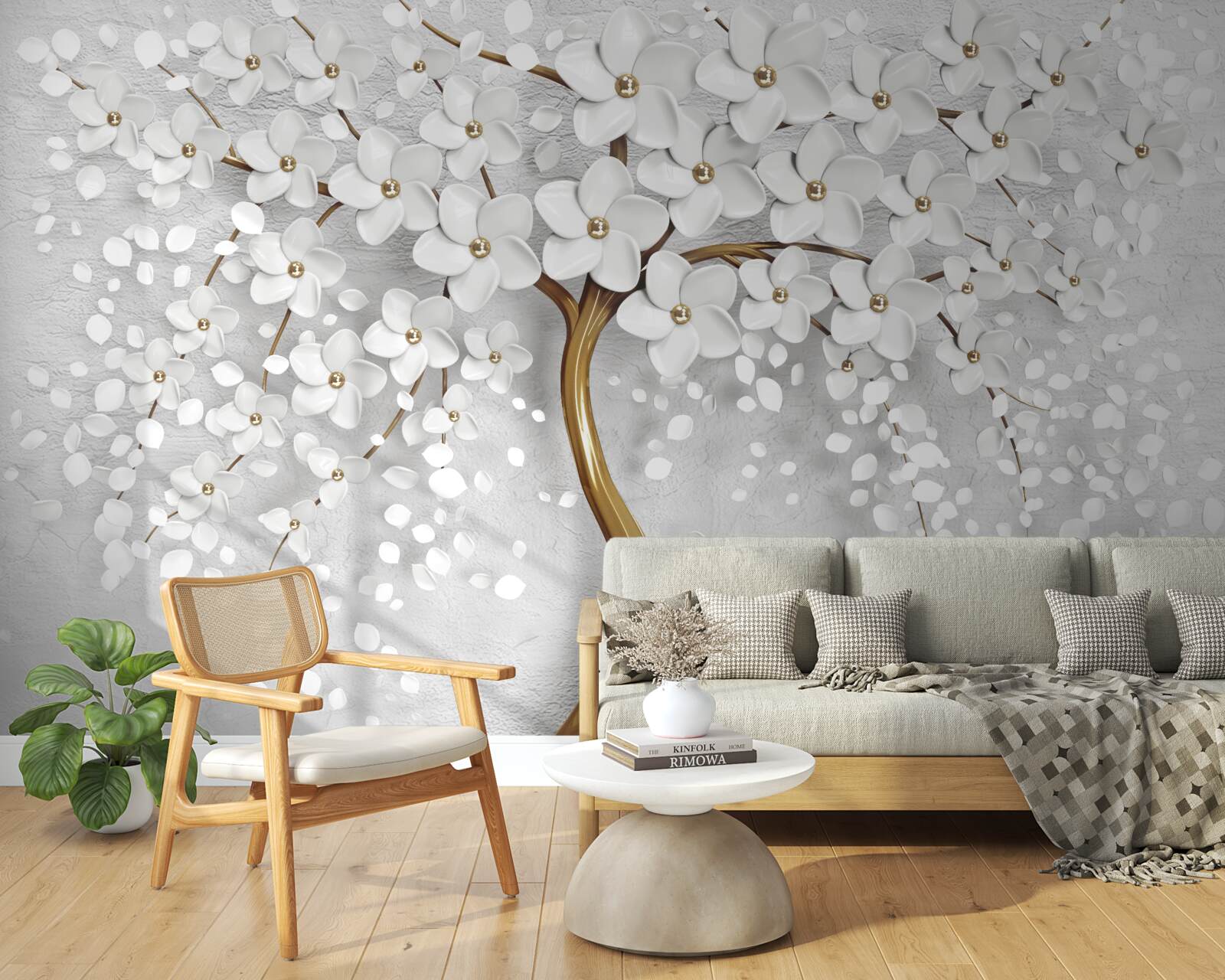 Fotobehang boom met witte bloemen en een slanke stam