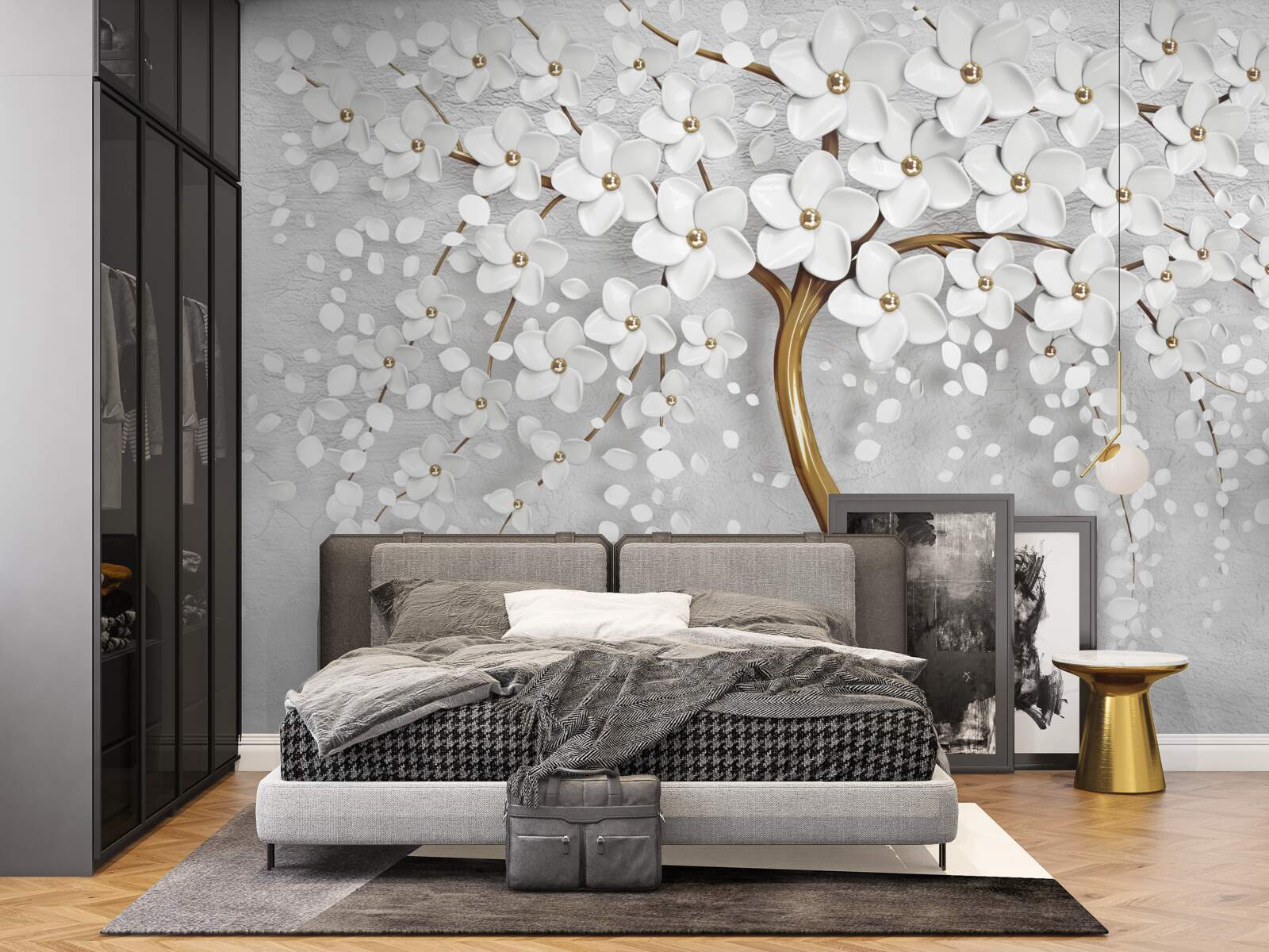 Fotobehang boom met witte bloemen en een slanke stam