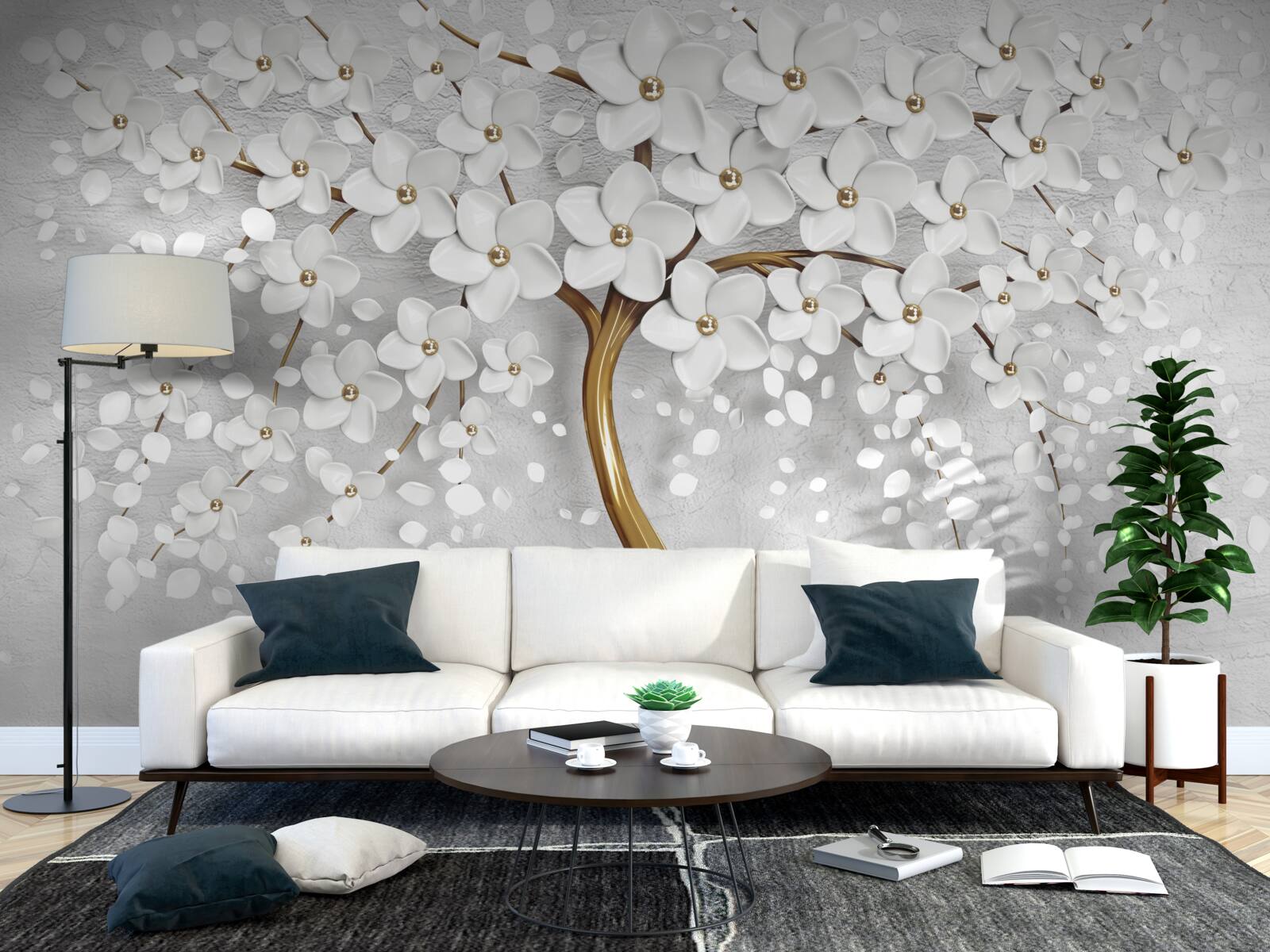 Fotobehang boom met witte bloemen en een slanke stam