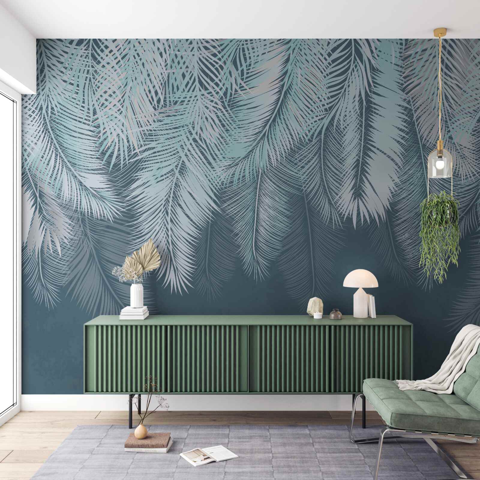 Fotobehang de bladeren zijn lichtgroen en de punten wijzen naar beneden