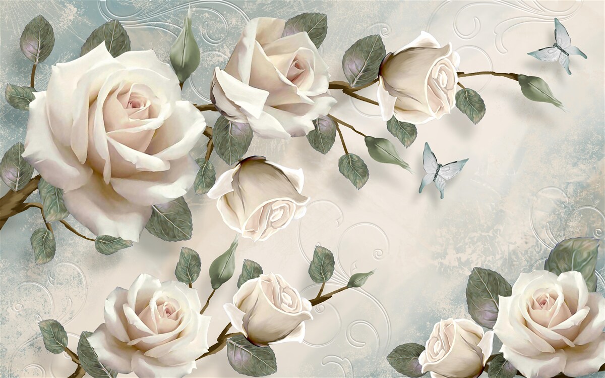 Fotobehang vlinders op de takken van een mooie witte roos