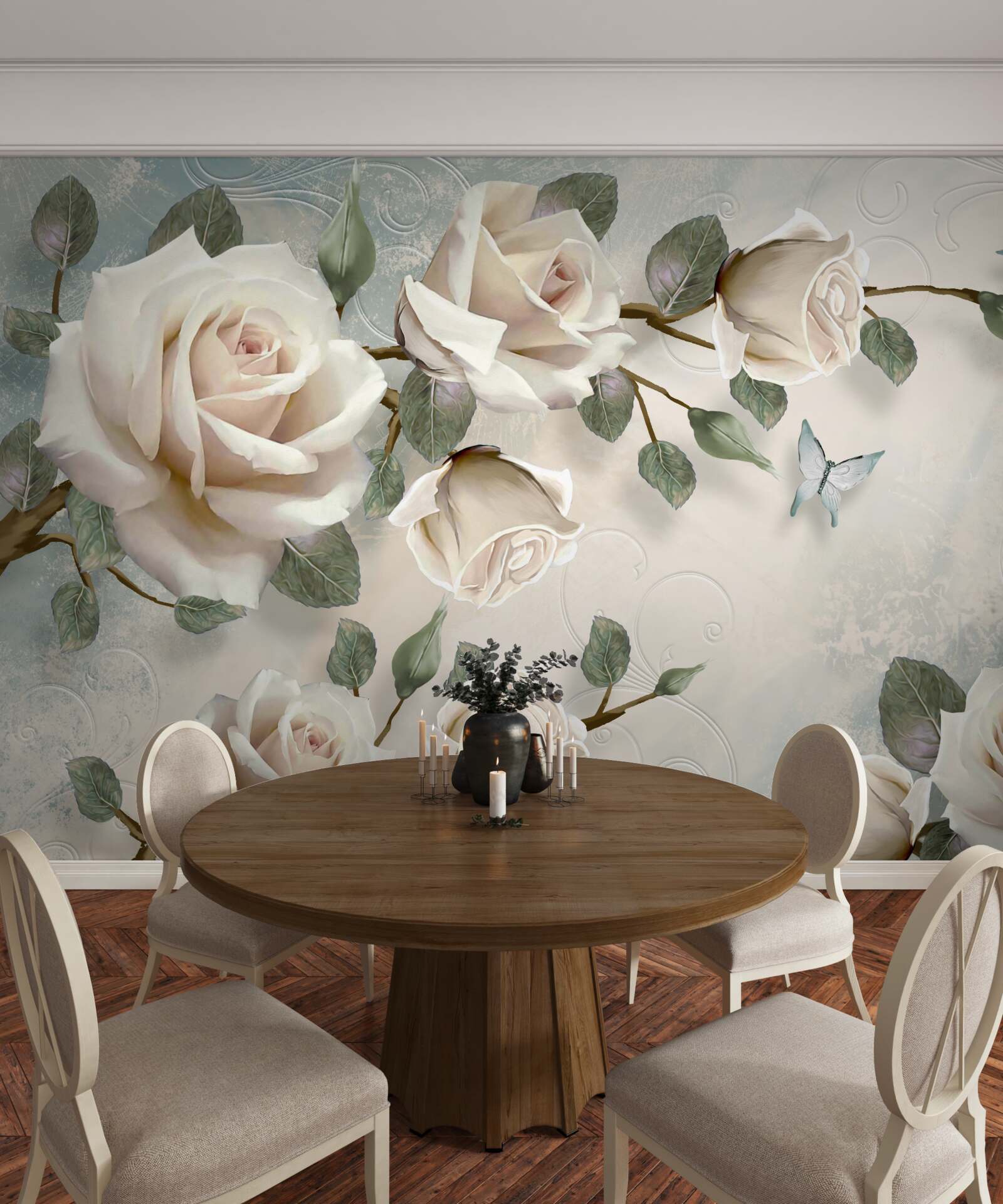 Fotobehang vlinders op de takken van een mooie witte roos