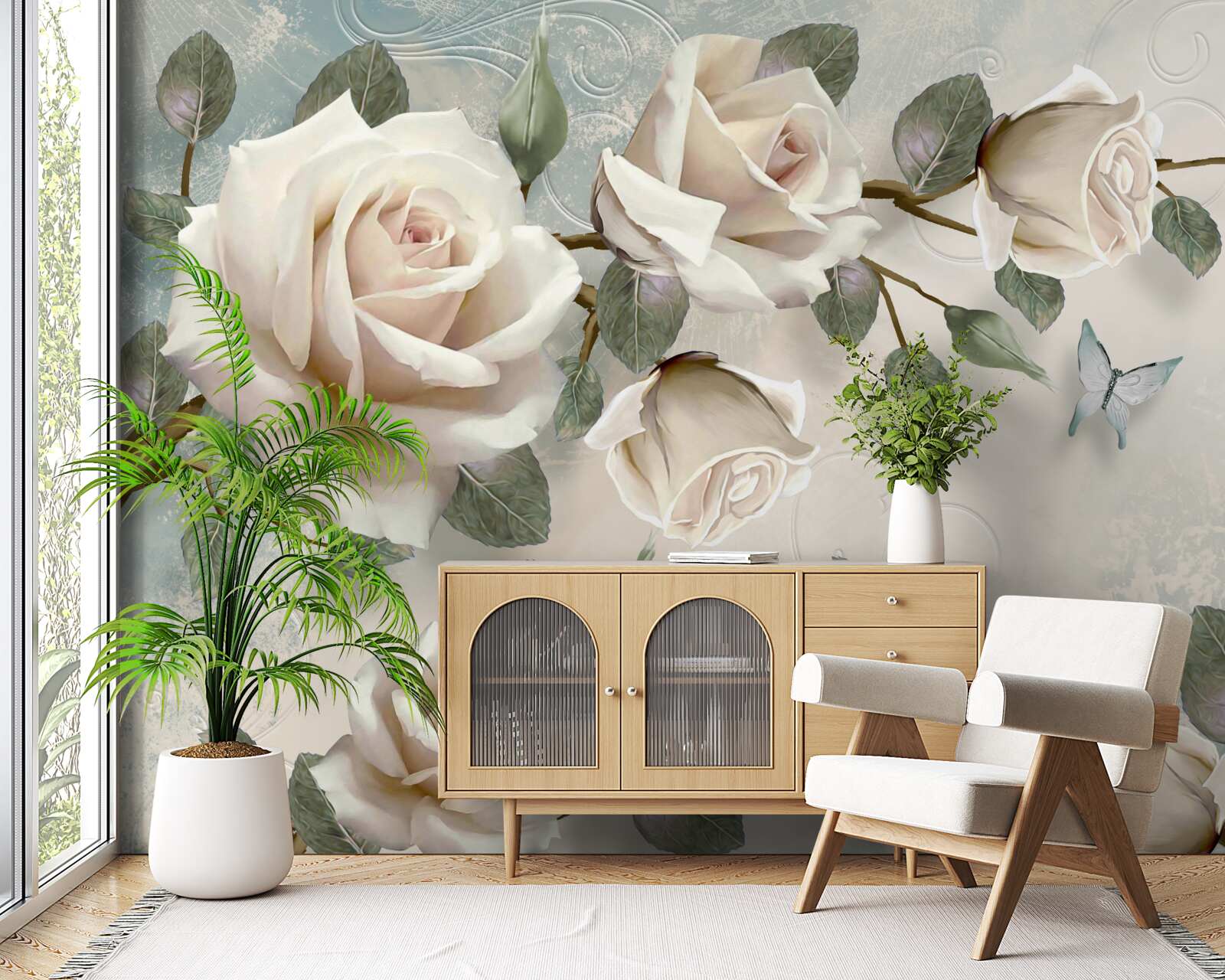 Fotobehang vlinders op de takken van een mooie witte roos