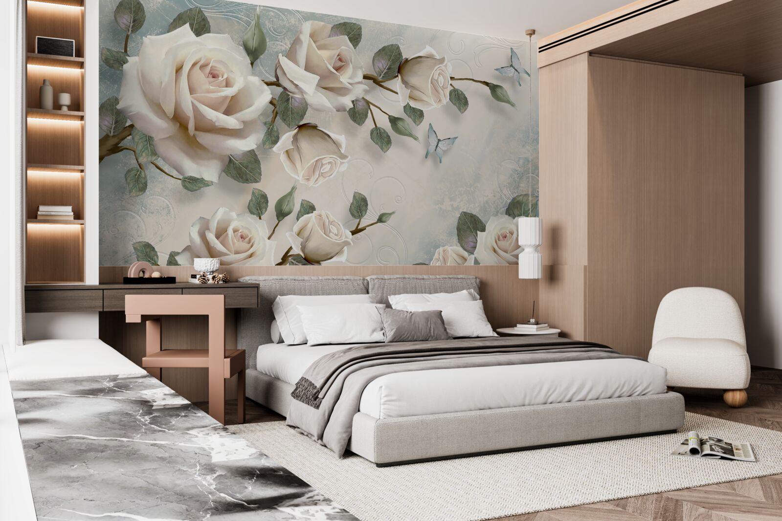 Fotobehang vlinders op de takken van een mooie witte roos