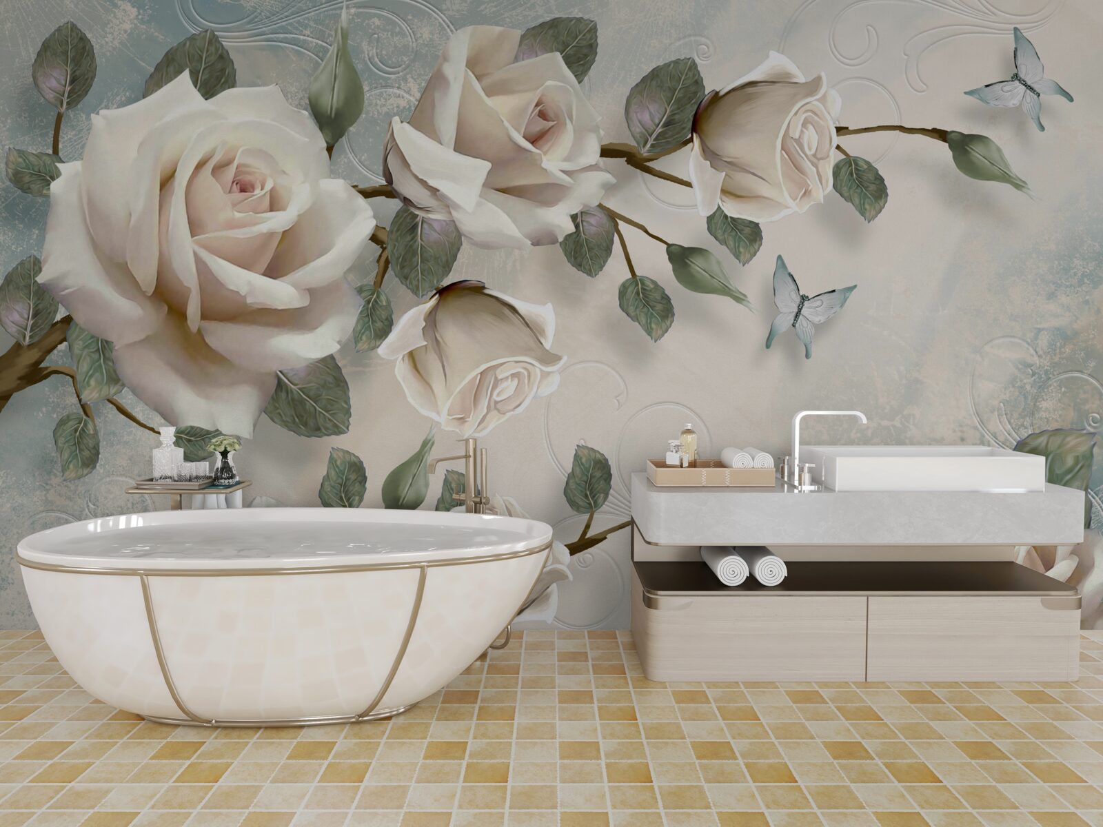 Fotobehang vlinders op de takken van een mooie witte roos