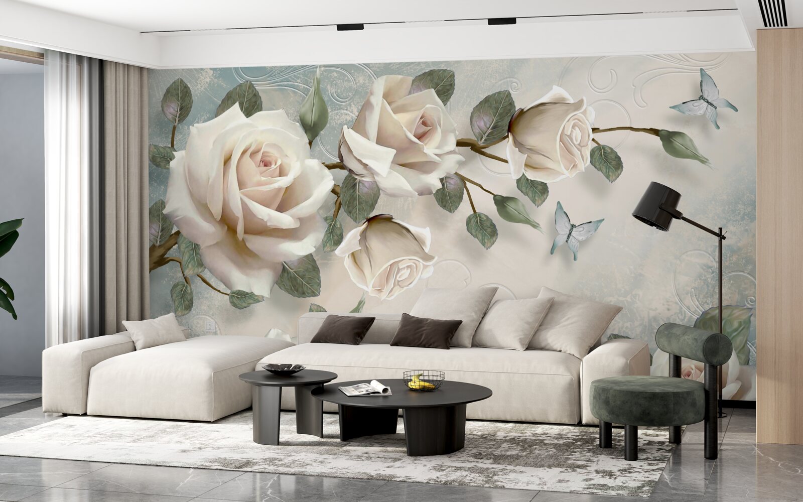 Fotobehang vlinders op de takken van een mooie witte roos