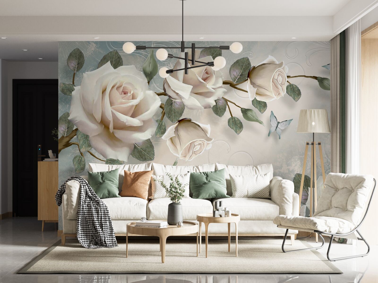 Fotobehang vlinders op de takken van een mooie witte roos