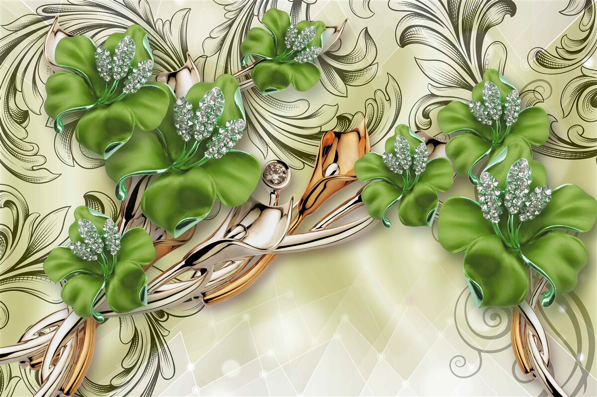 Fotobehang de bloemen zijn groen, versierd met parels en goud