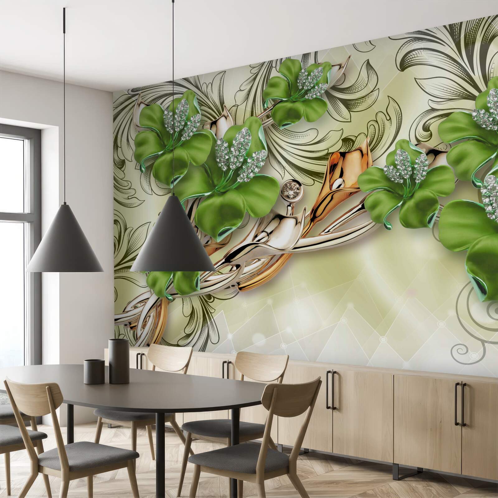 Fotobehang de bloemen zijn groen, versierd met parels en goud