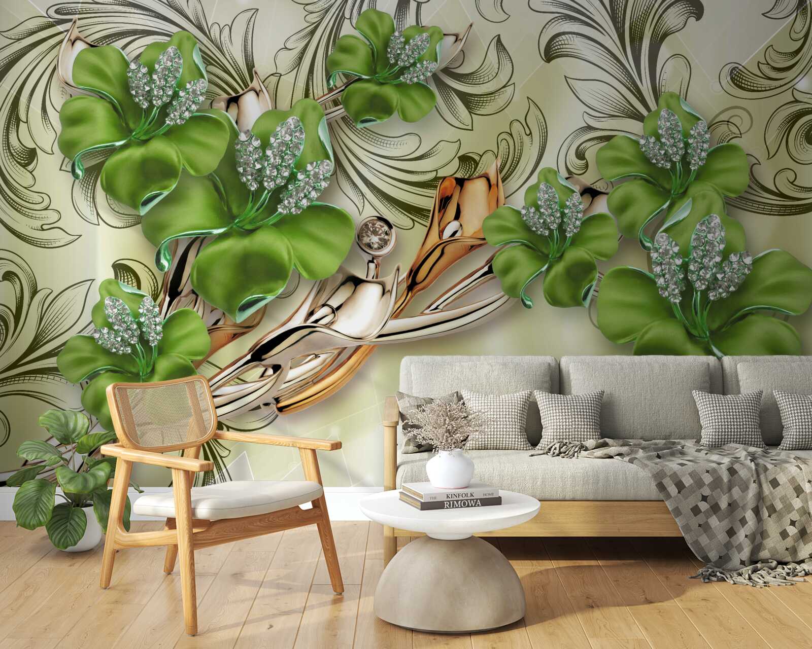 Fotobehang de bloemen zijn groen, versierd met parels en goud