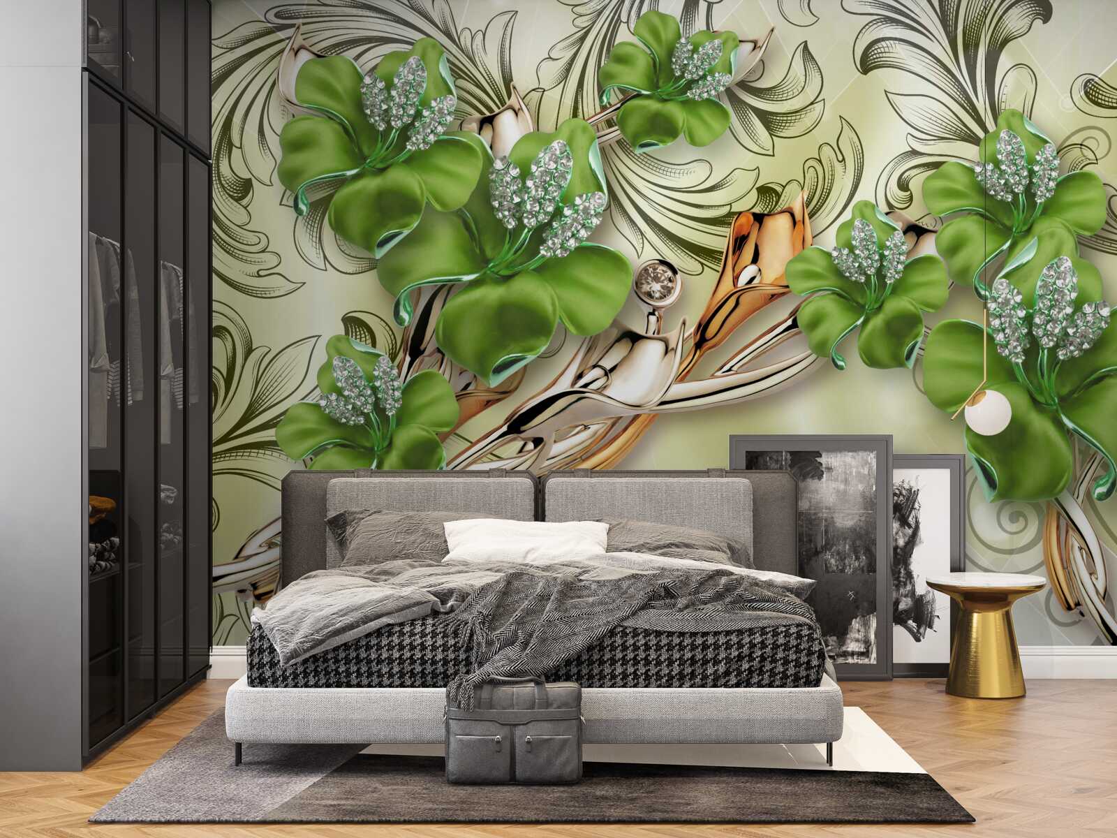 Fotobehang de bloemen zijn groen, versierd met parels en goud