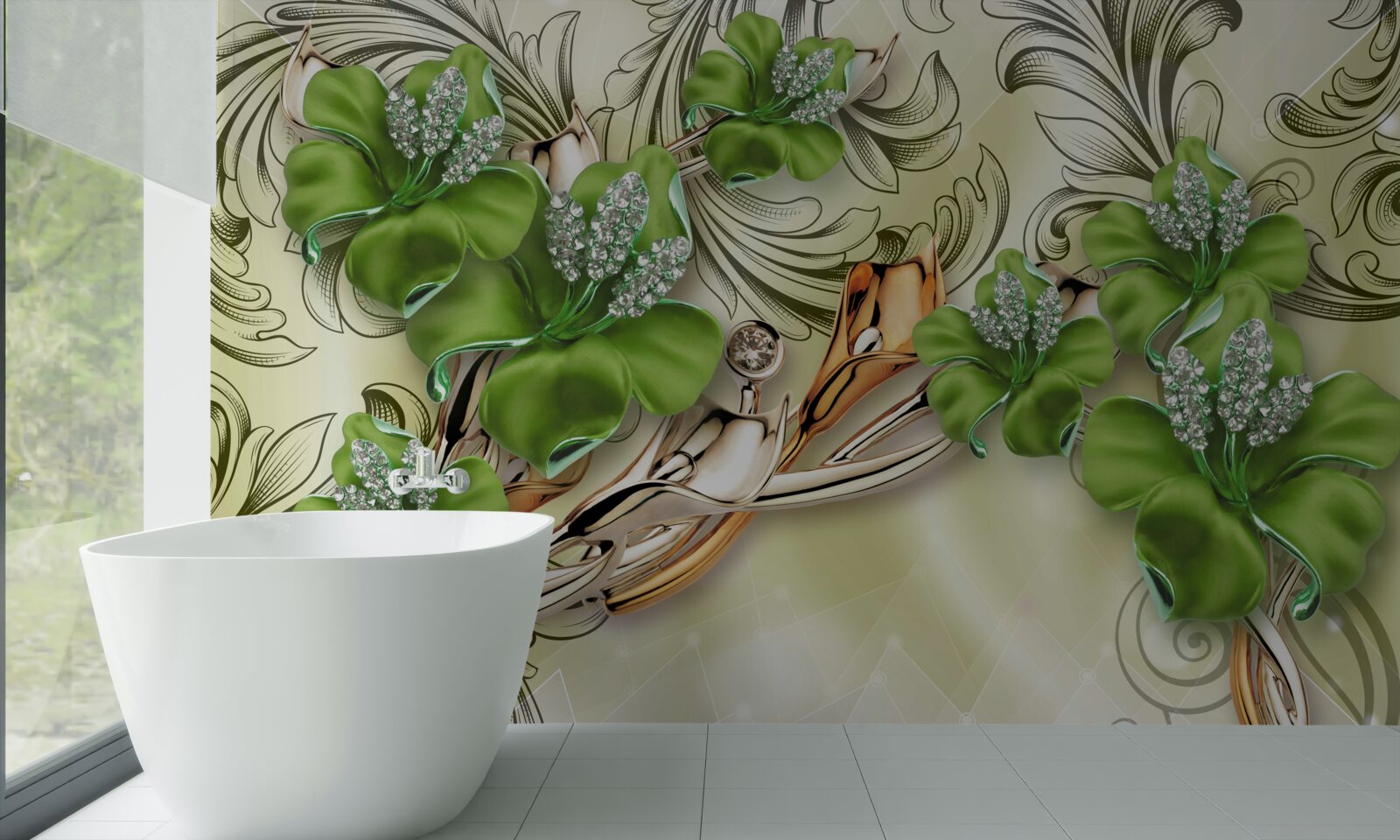 Fotobehang de bloemen zijn groen, versierd met parels en goud