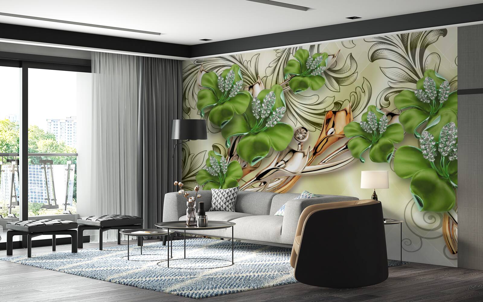 Fotobehang de bloemen zijn groen, versierd met parels en goud