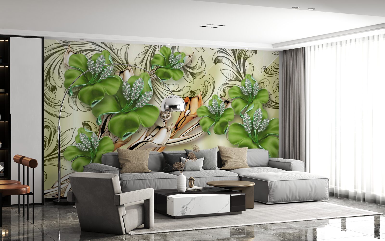 Fotobehang de bloemen zijn groen, versierd met parels en goud