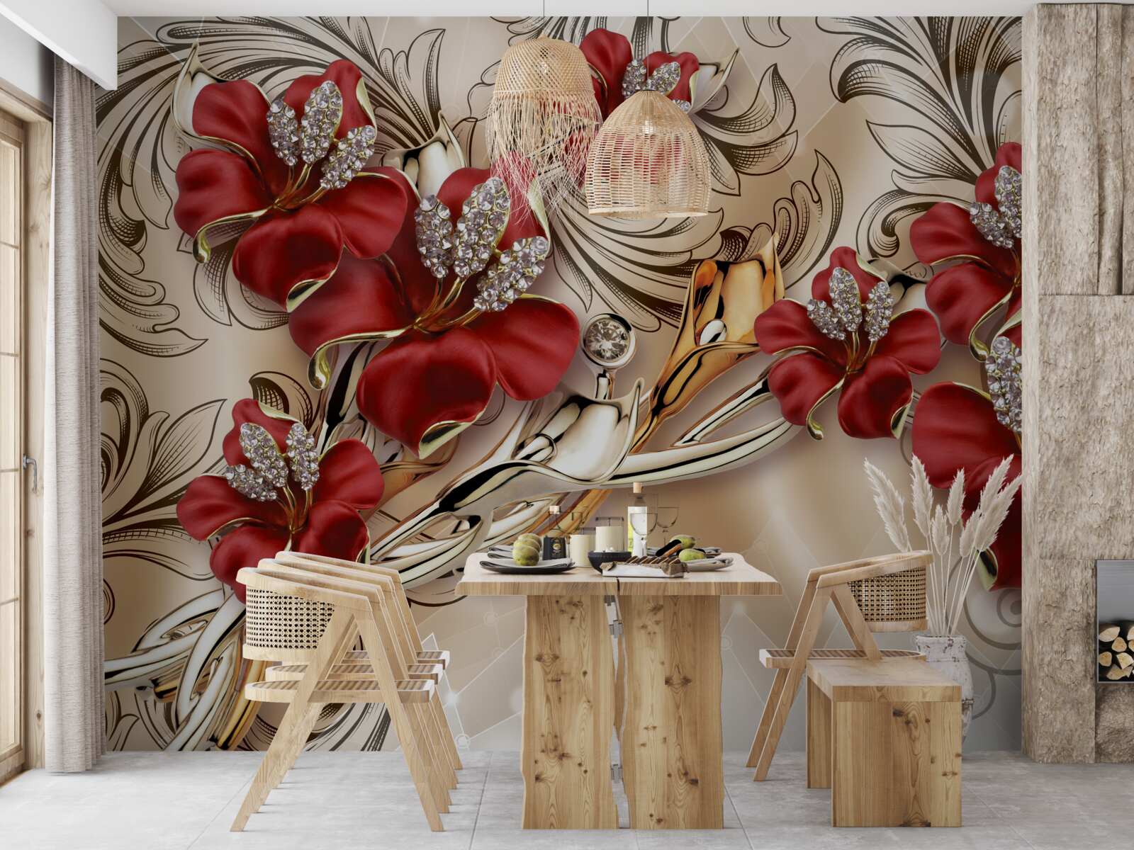 Fotobehang gouden juwelen met rode knoppen