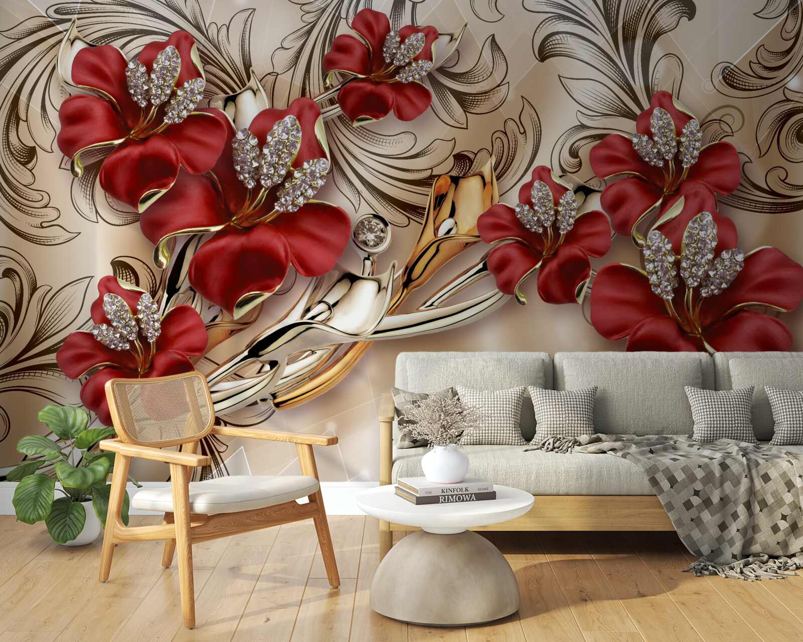 Fotobehang gouden juwelen met rode knoppen