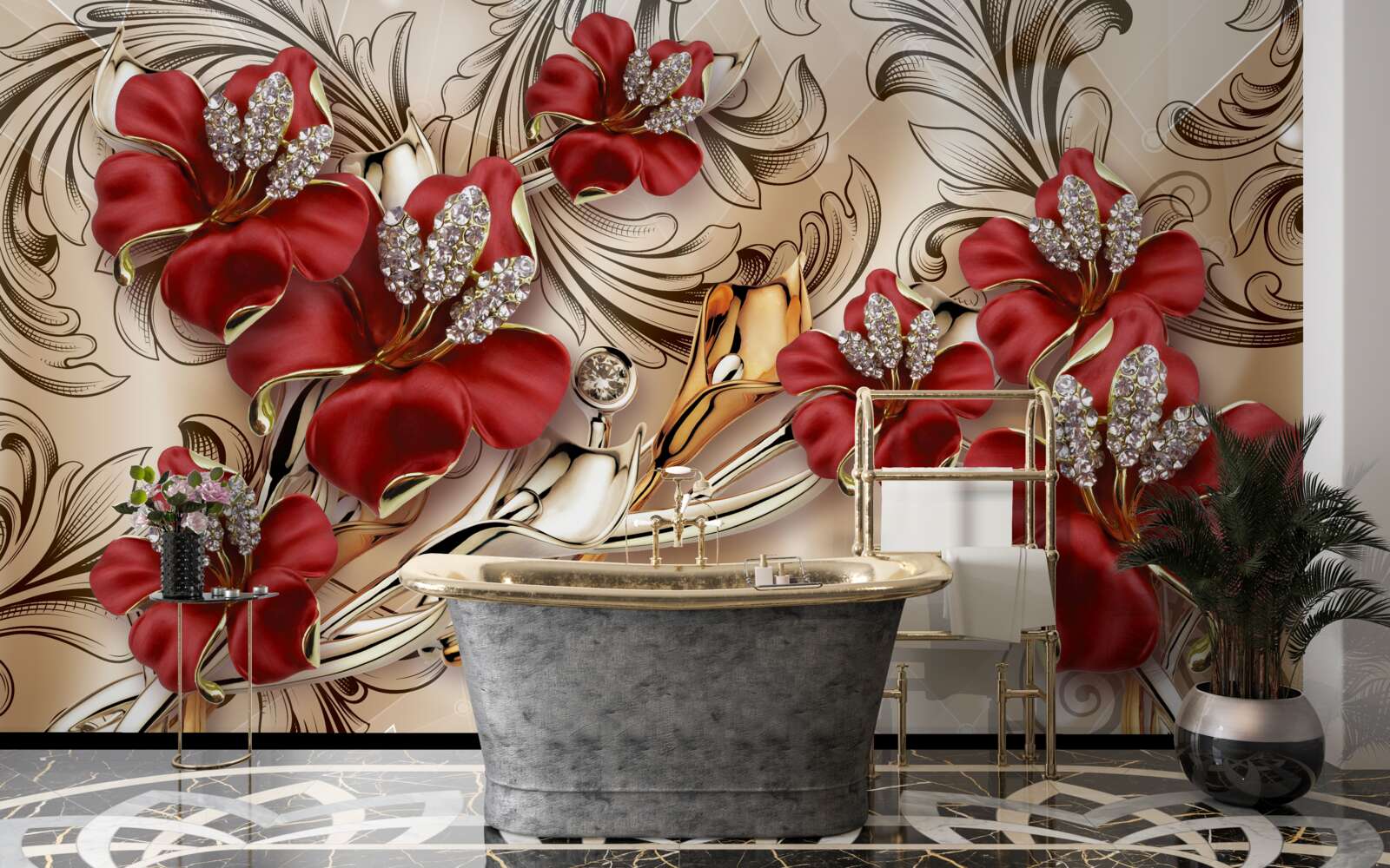 Fotobehang gouden juwelen met rode knoppen