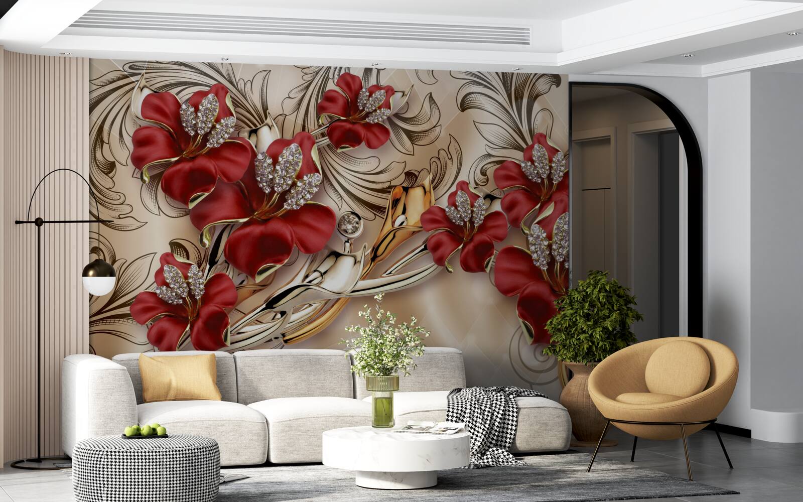 Fotobehang gouden juwelen met rode knoppen