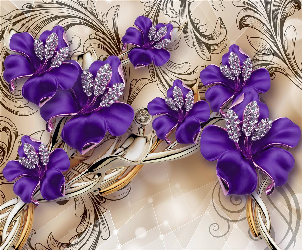 Fotobehang edelstenen en metalen versierd met paarse bloemen