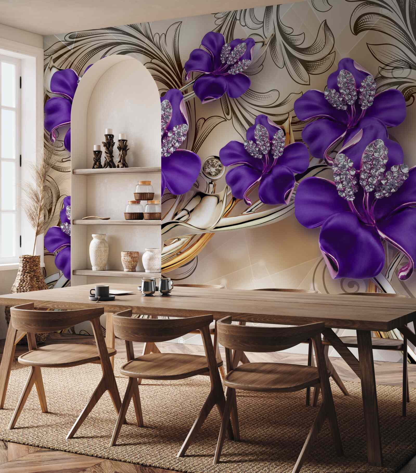 Fotobehang edelstenen en metalen versierd met paarse bloemen