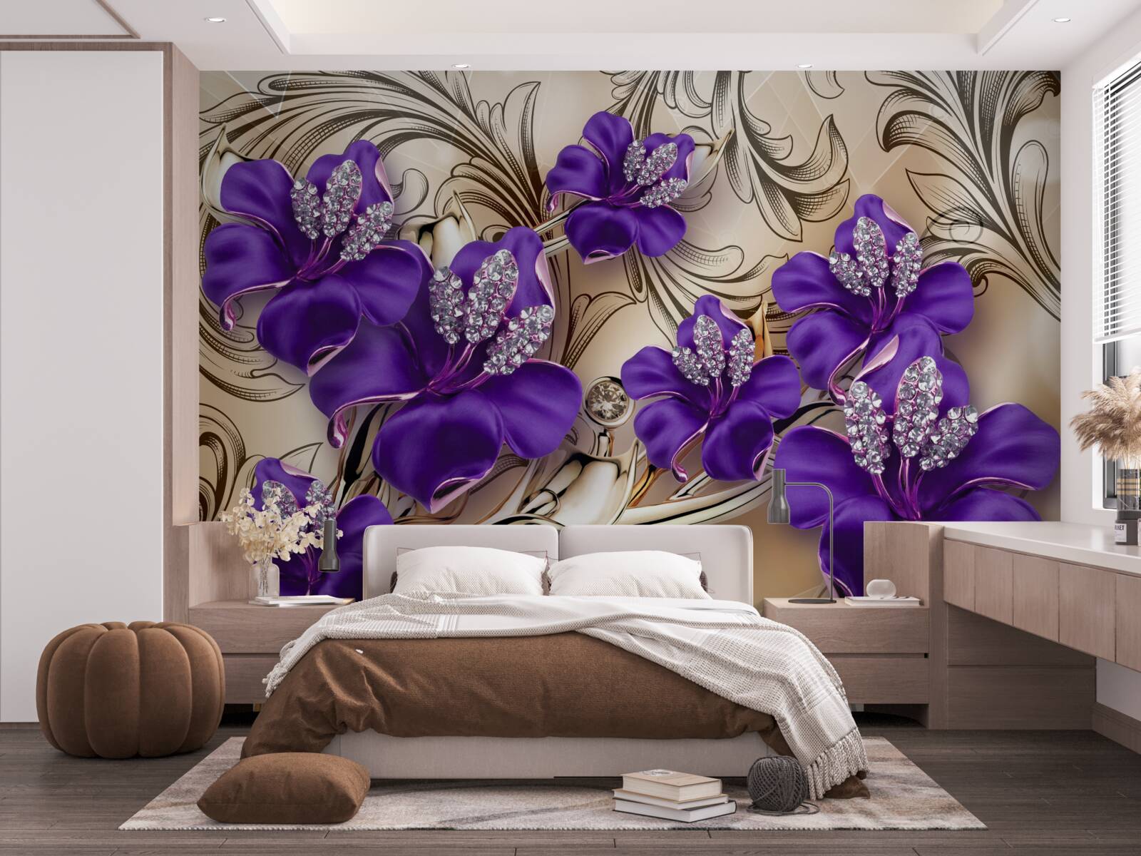Fotobehang edelstenen en metalen versierd met paarse bloemen