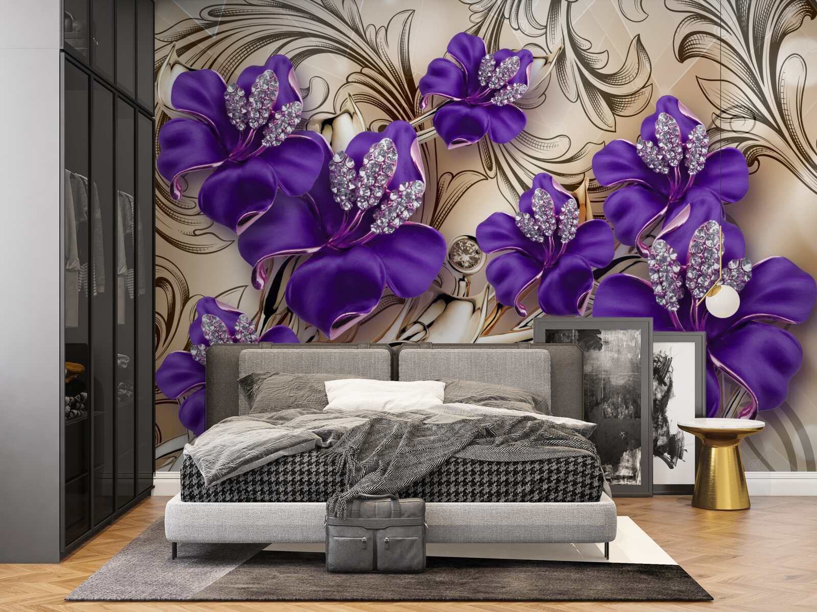 Fotobehang edelstenen en metalen versierd met paarse bloemen